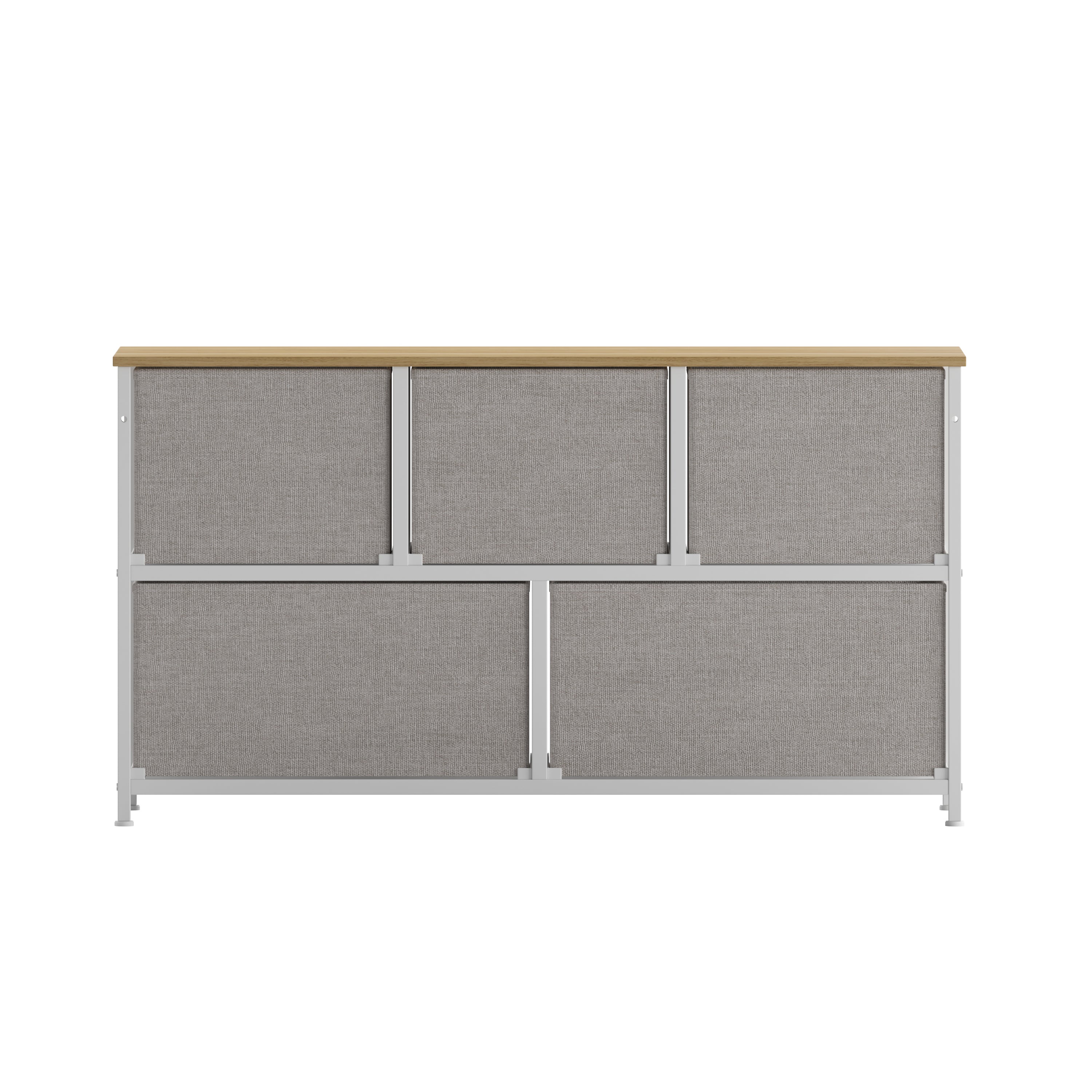 Harris 5 Drawer Vertical Storage Dresser with White Cast Iron Frame, Oak Wood Top and Beige Easy Pull Fabric Drawers with Natural Wooden Handles