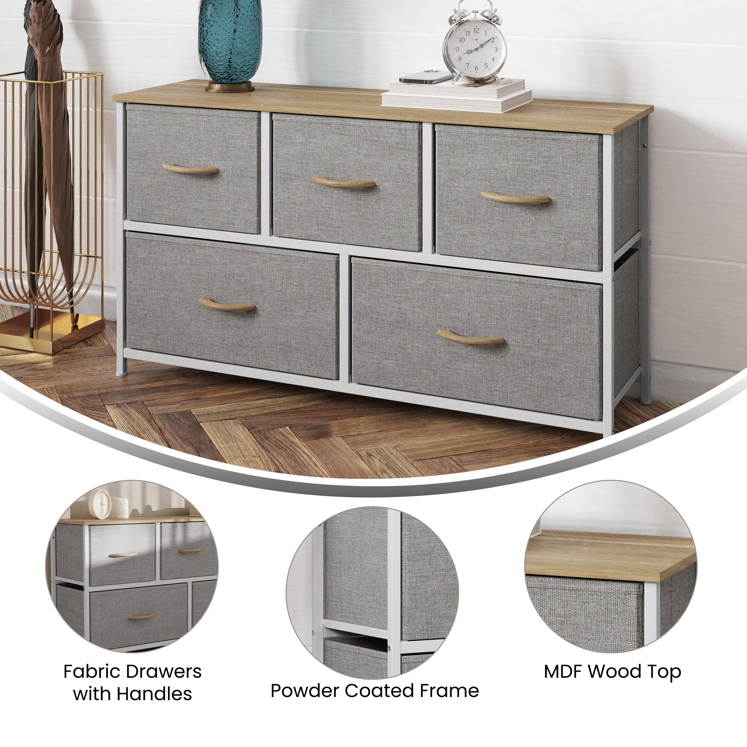 Harris 5 Drawer Vertical Storage Dresser with White Cast Iron Frame, Oak Wood Top and Beige Easy Pull Fabric Drawers with Natural Wooden Handles