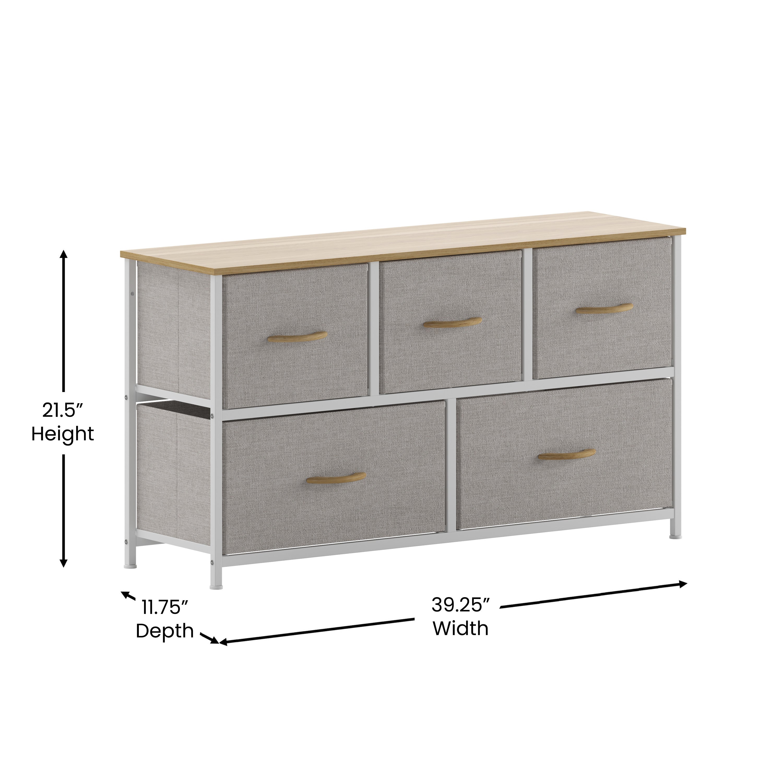 Harris 5 Drawer Vertical Storage Dresser with White Cast Iron Frame, Oak Wood Top and Beige Easy Pull Fabric Drawers with Natural Wooden Handles