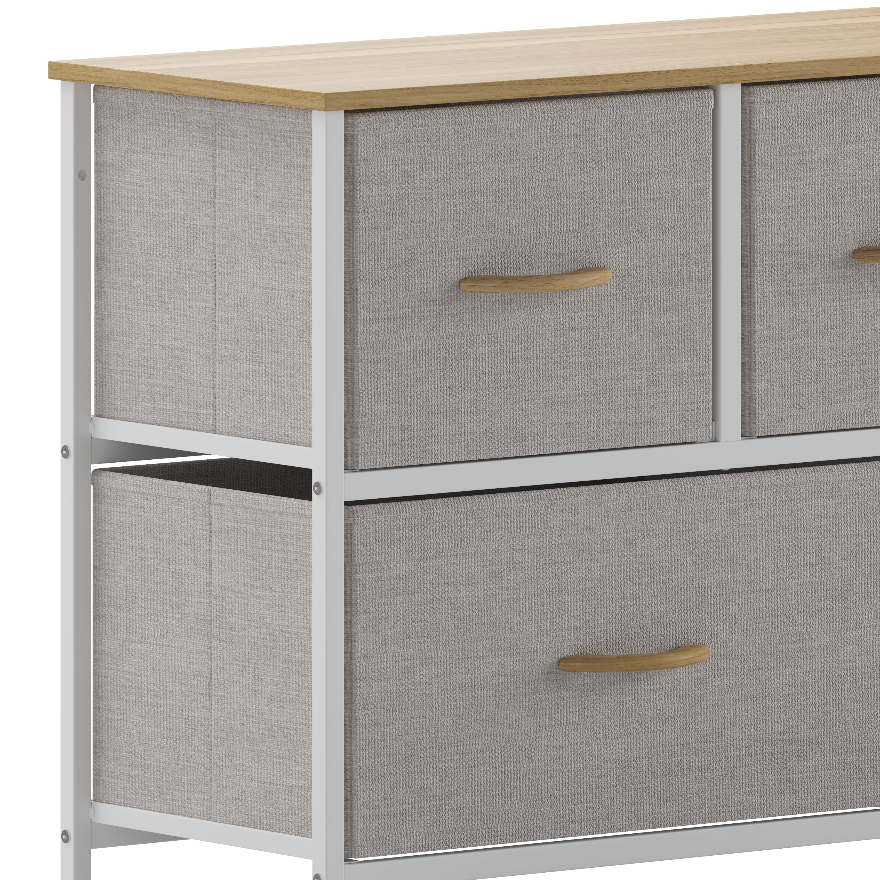 Harris 5 Drawer Vertical Storage Dresser with White Cast Iron Frame, Oak Wood Top and Beige Easy Pull Fabric Drawers with Natural Wooden Handles