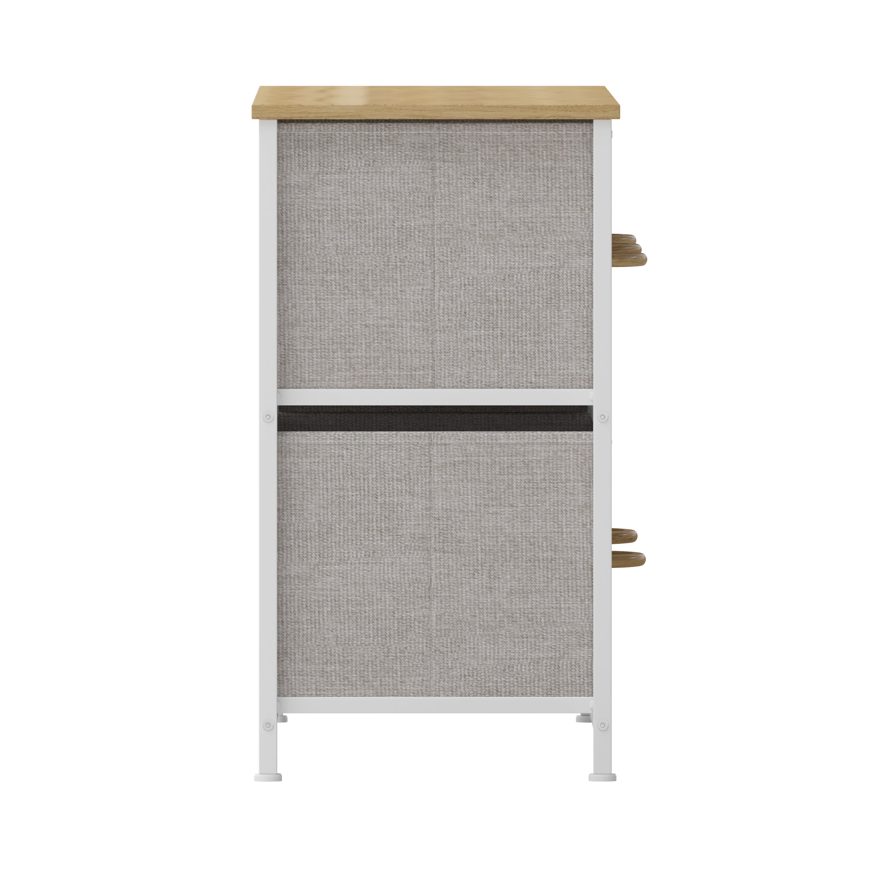 Harris 5 Drawer Vertical Storage Dresser with White Cast Iron Frame, Oak Wood Top and Beige Easy Pull Fabric Drawers with Natural Wooden Handles