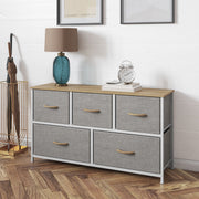 Harris 5 Drawer Vertical Storage Dresser with White Cast Iron Frame, Oak Wood Top and Beige Easy Pull Fabric Drawers with Natural Wooden Handles