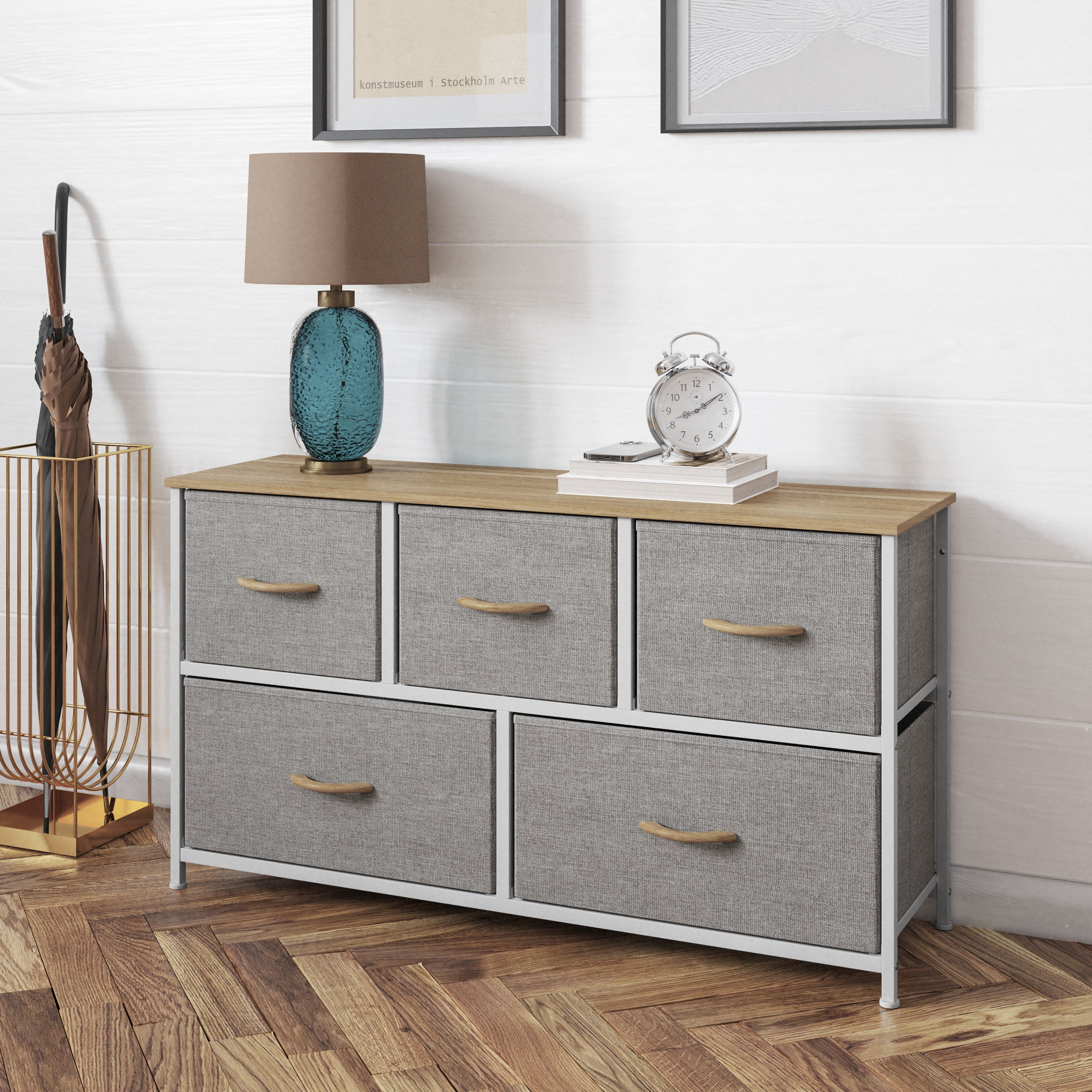 Harris 5 Drawer Vertical Storage Dresser with White Cast Iron Frame, Oak Wood Top and Beige Easy Pull Fabric Drawers with Natural Wooden Handles