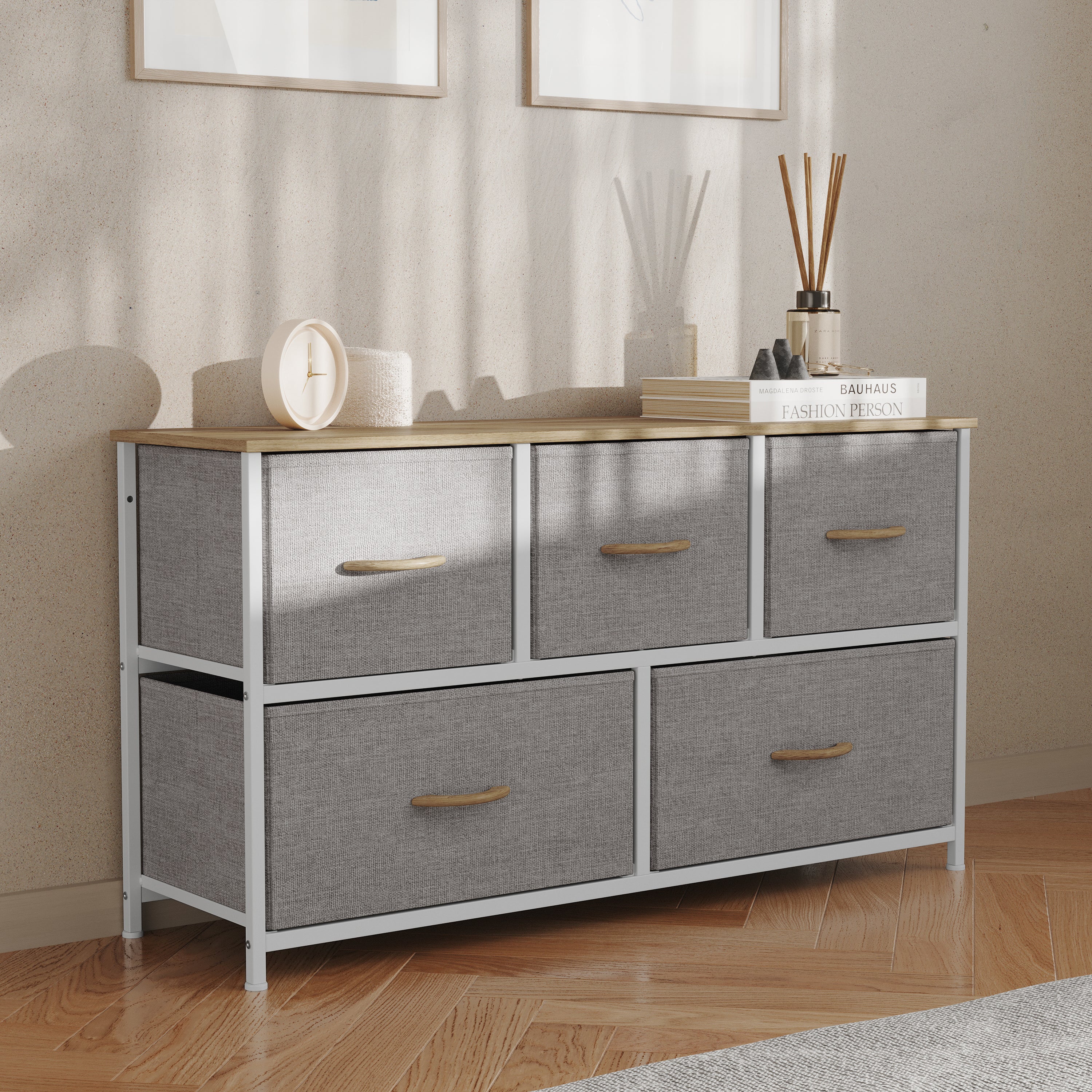 Harris 5 Drawer Vertical Storage Dresser with White Cast Iron Frame, Oak Wood Top and Beige Easy Pull Fabric Drawers with Natural Wooden Handles