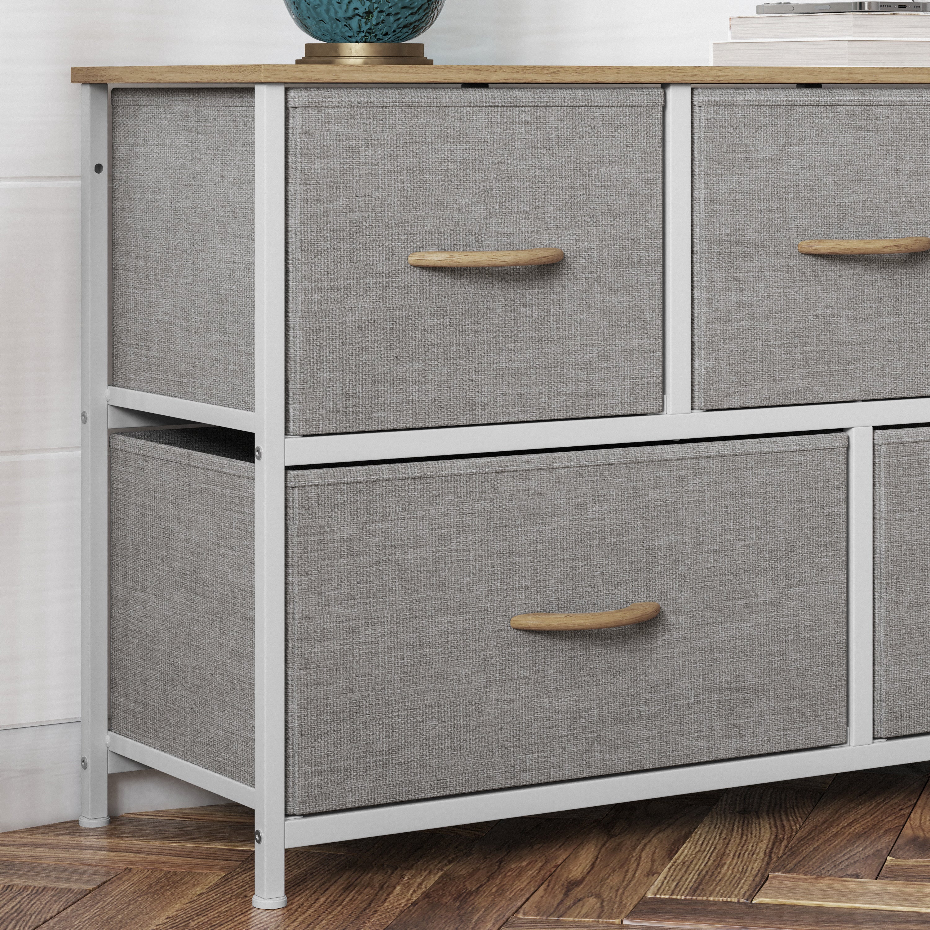 Harris 5 Drawer Vertical Storage Dresser with White Cast Iron Frame, Oak Wood Top and Beige Easy Pull Fabric Drawers with Natural Wooden Handles