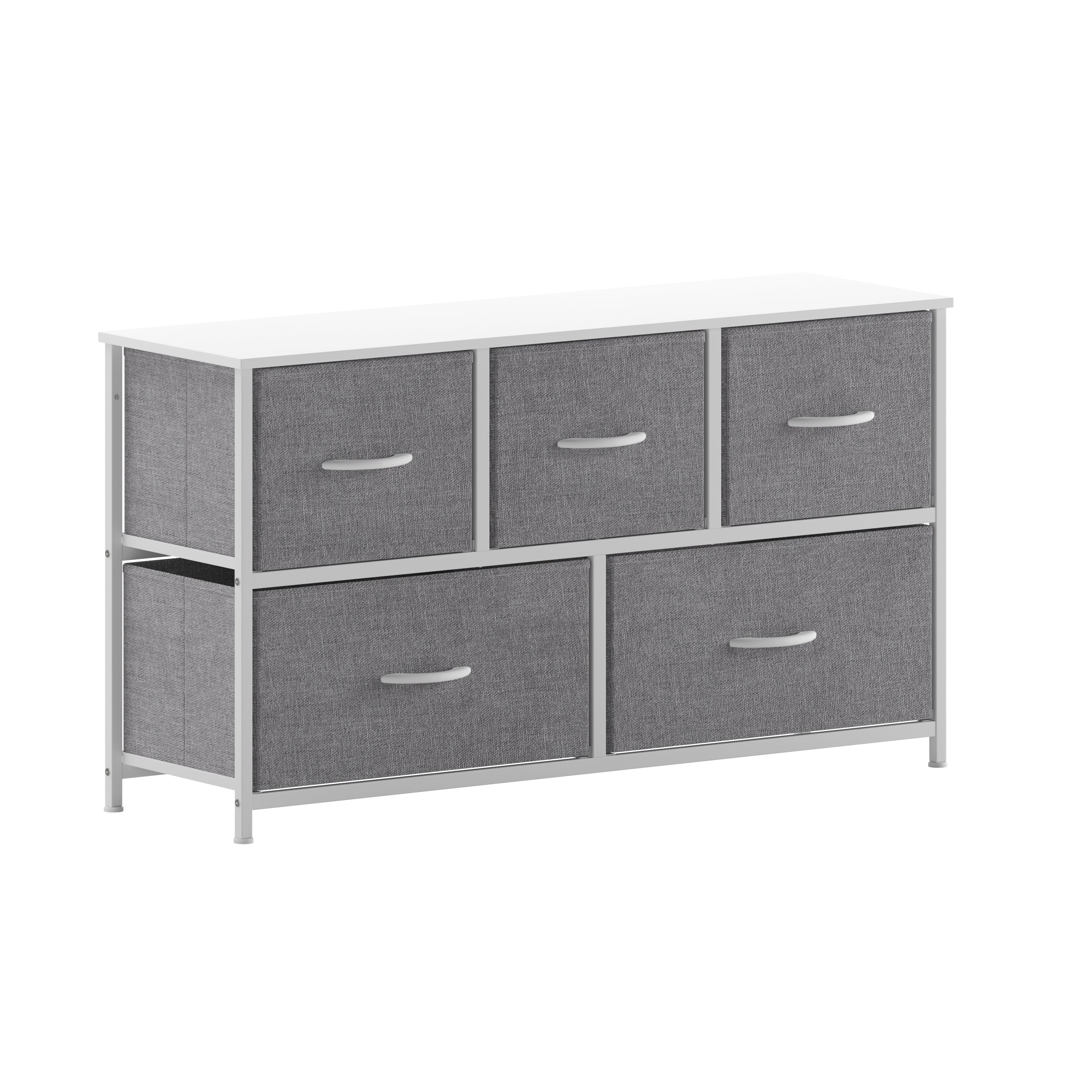 Harris 5 Drawer Vertical Storage Dresser with White Cast Iron Frame, White Wood Top and Gray Easy Pull Fabric Drawers with White Wooden Handles