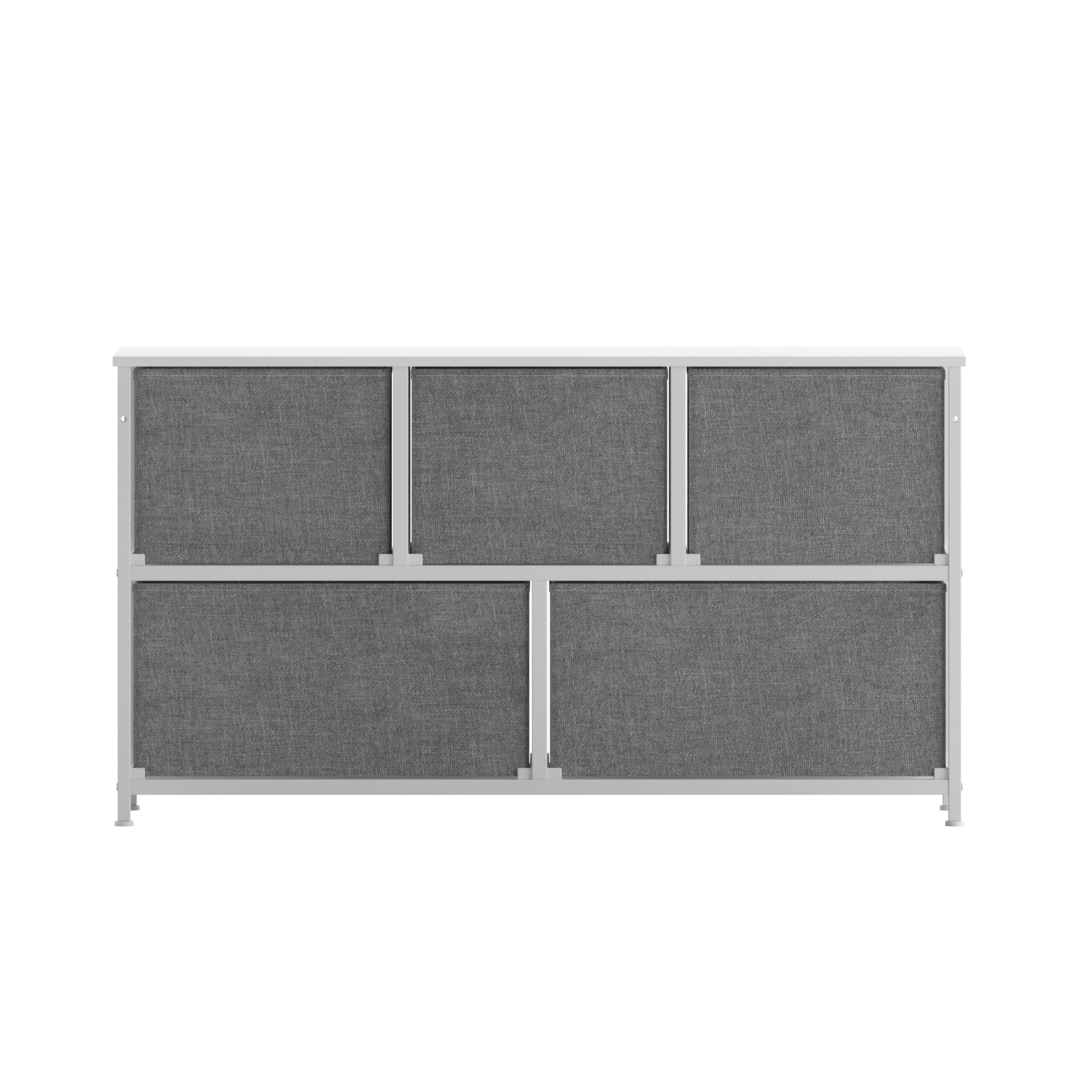 Harris 5 Drawer Vertical Storage Dresser with White Cast Iron Frame, White Wood Top and Gray Easy Pull Fabric Drawers with White Wooden Handles