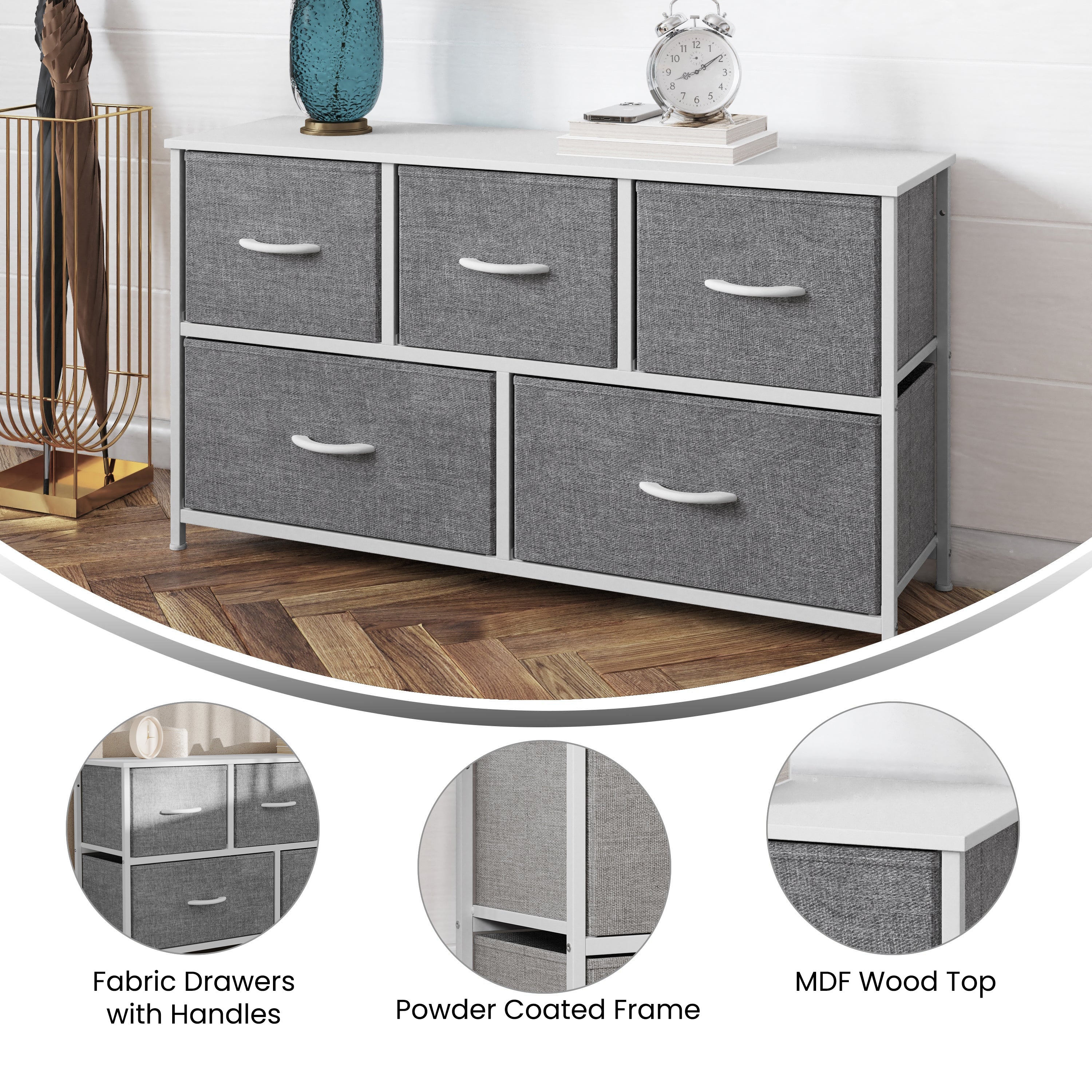 Harris 5 Drawer Vertical Storage Dresser with White Cast Iron Frame, White Wood Top and Gray Easy Pull Fabric Drawers with White Wooden Handles