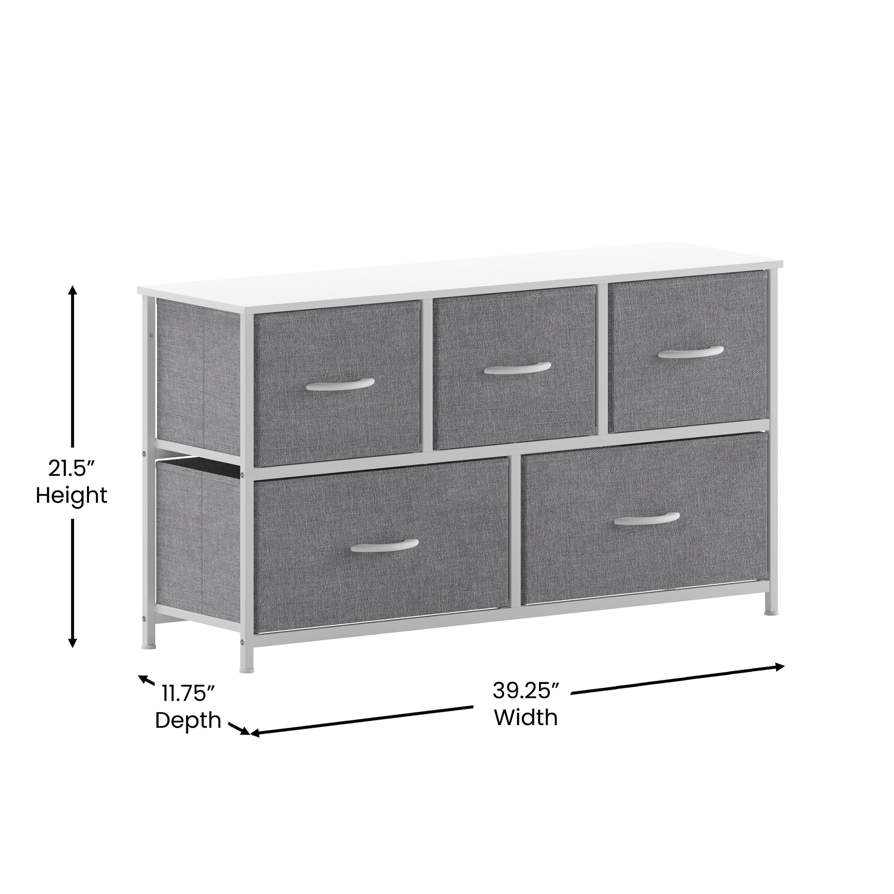 Harris 5 Drawer Vertical Storage Dresser with White Cast Iron Frame, White Wood Top and Gray Easy Pull Fabric Drawers with White Wooden Handles