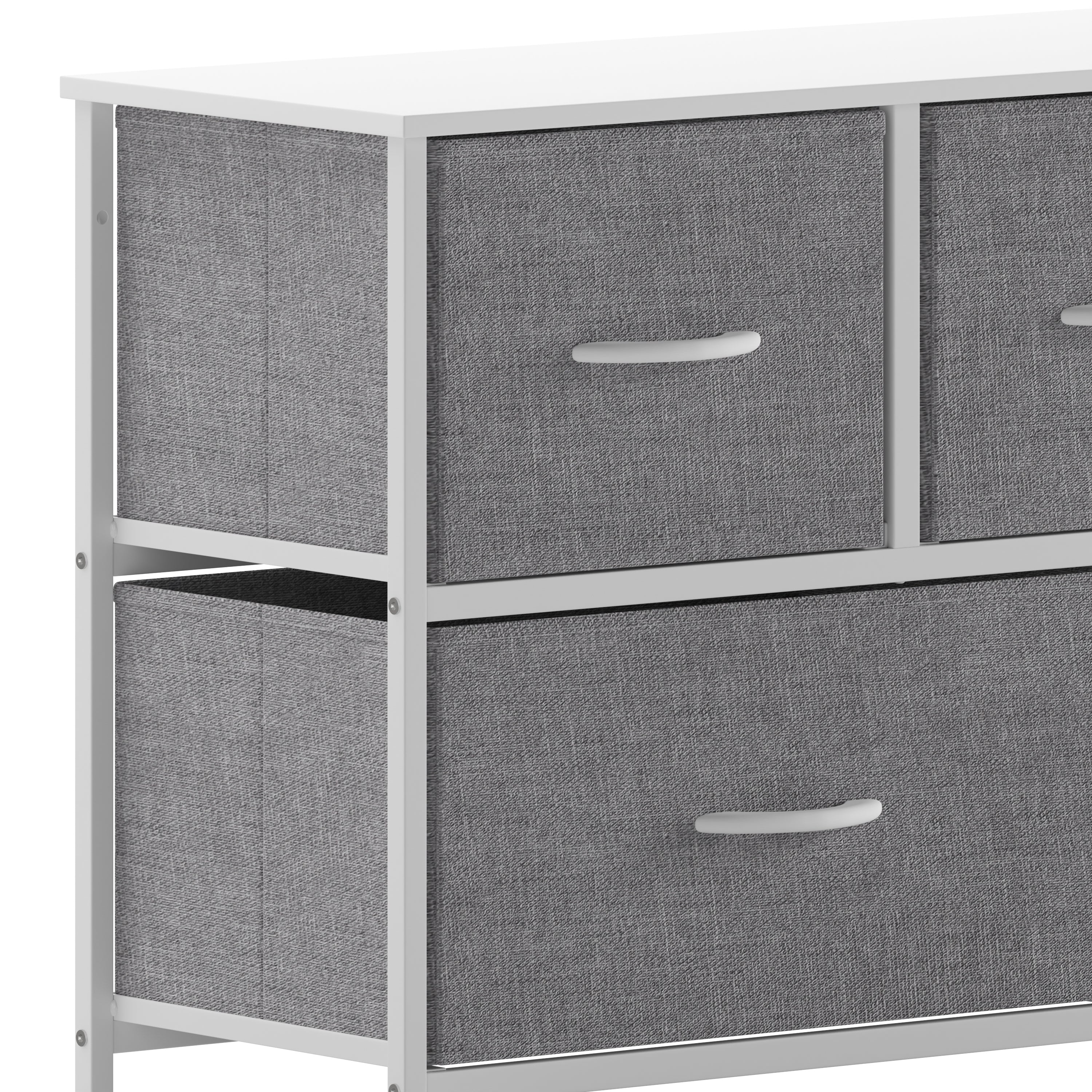 Harris 5 Drawer Vertical Storage Dresser with White Cast Iron Frame, White Wood Top and Gray Easy Pull Fabric Drawers with White Wooden Handles