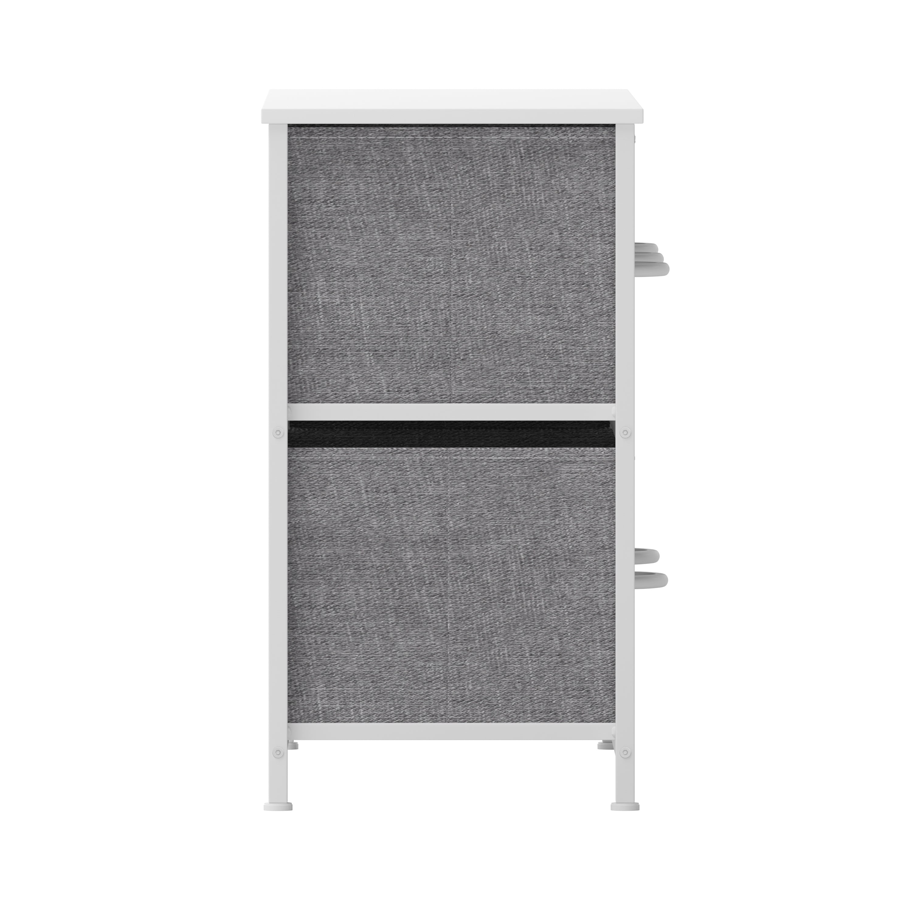 Harris 5 Drawer Vertical Storage Dresser with White Cast Iron Frame, White Wood Top and Gray Easy Pull Fabric Drawers with White Wooden Handles