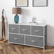 Harris 5 Drawer Vertical Storage Dresser with White Cast Iron Frame, White Wood Top and Gray Easy Pull Fabric Drawers with White Wooden Handles