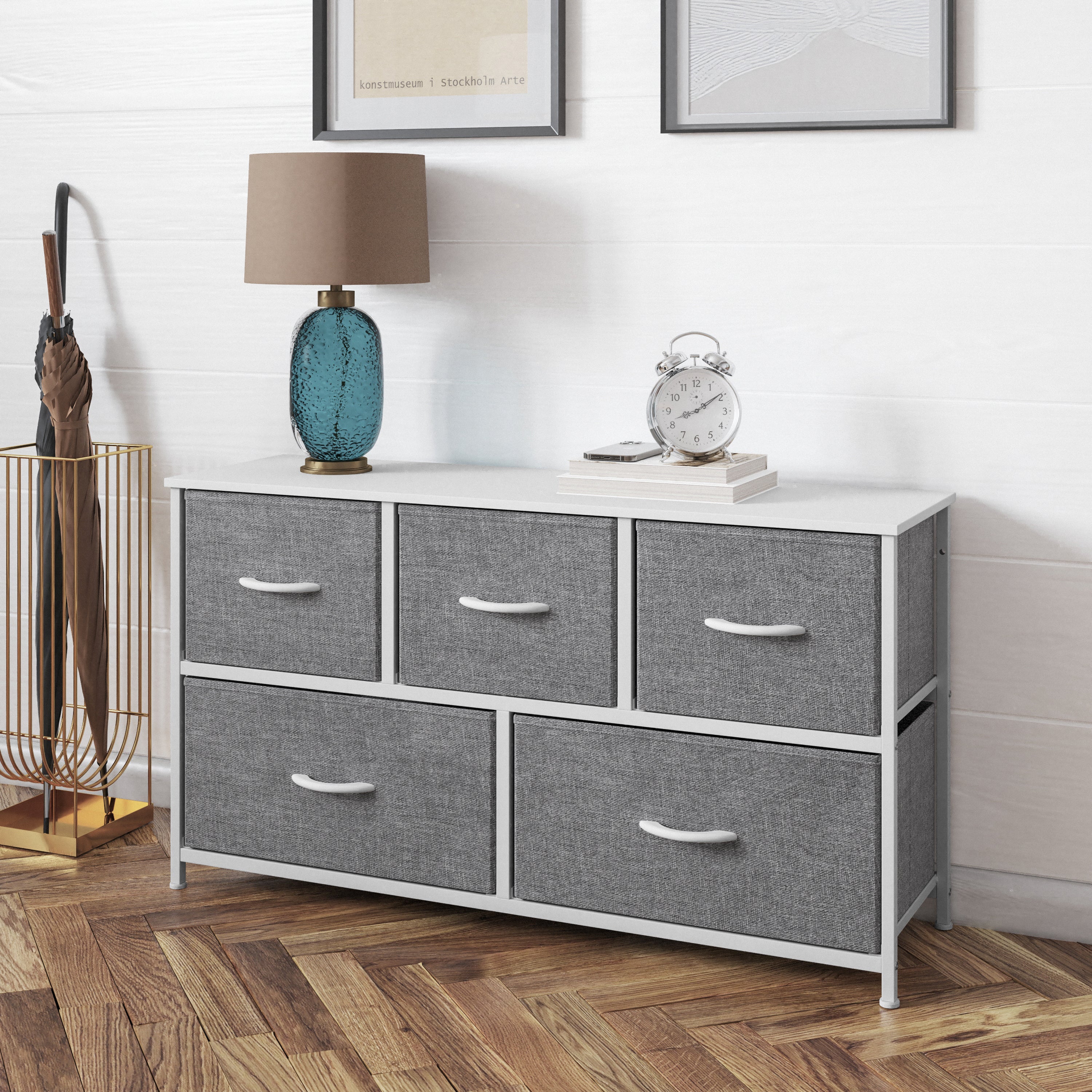 Harris 5 Drawer Vertical Storage Dresser with White Cast Iron Frame, White Wood Top and Gray Easy Pull Fabric Drawers with White Wooden Handles