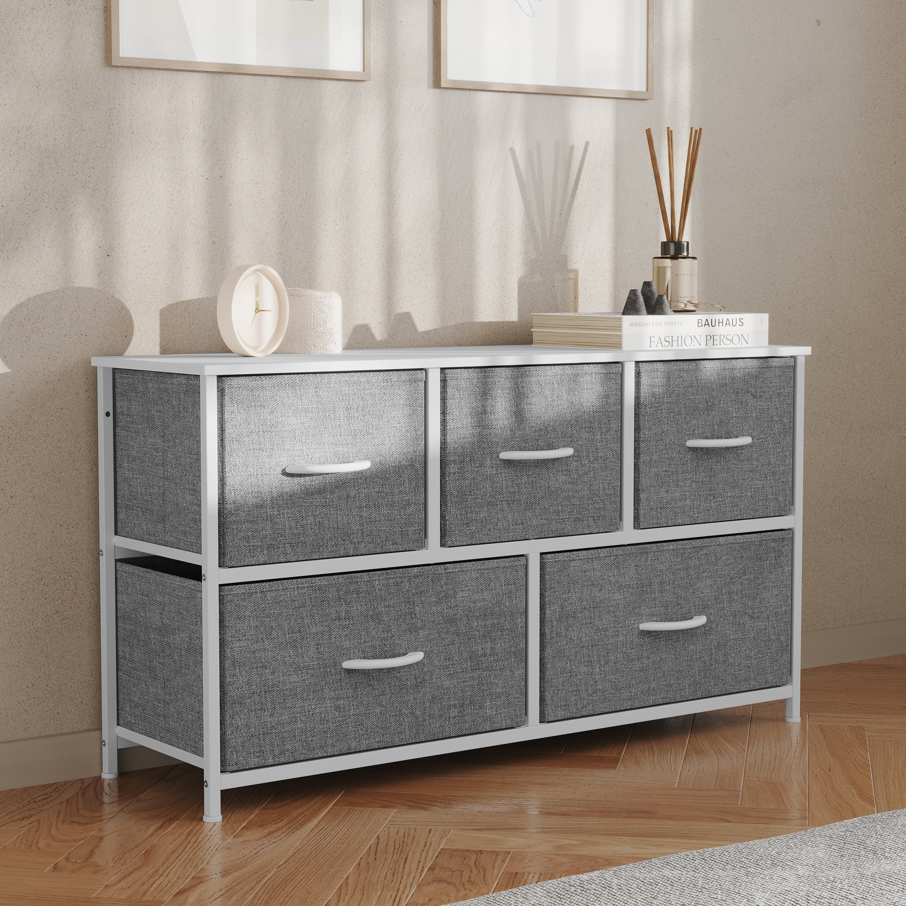 Harris 5 Drawer Vertical Storage Dresser with White Cast Iron Frame, White Wood Top and Gray Easy Pull Fabric Drawers with White Wooden Handles