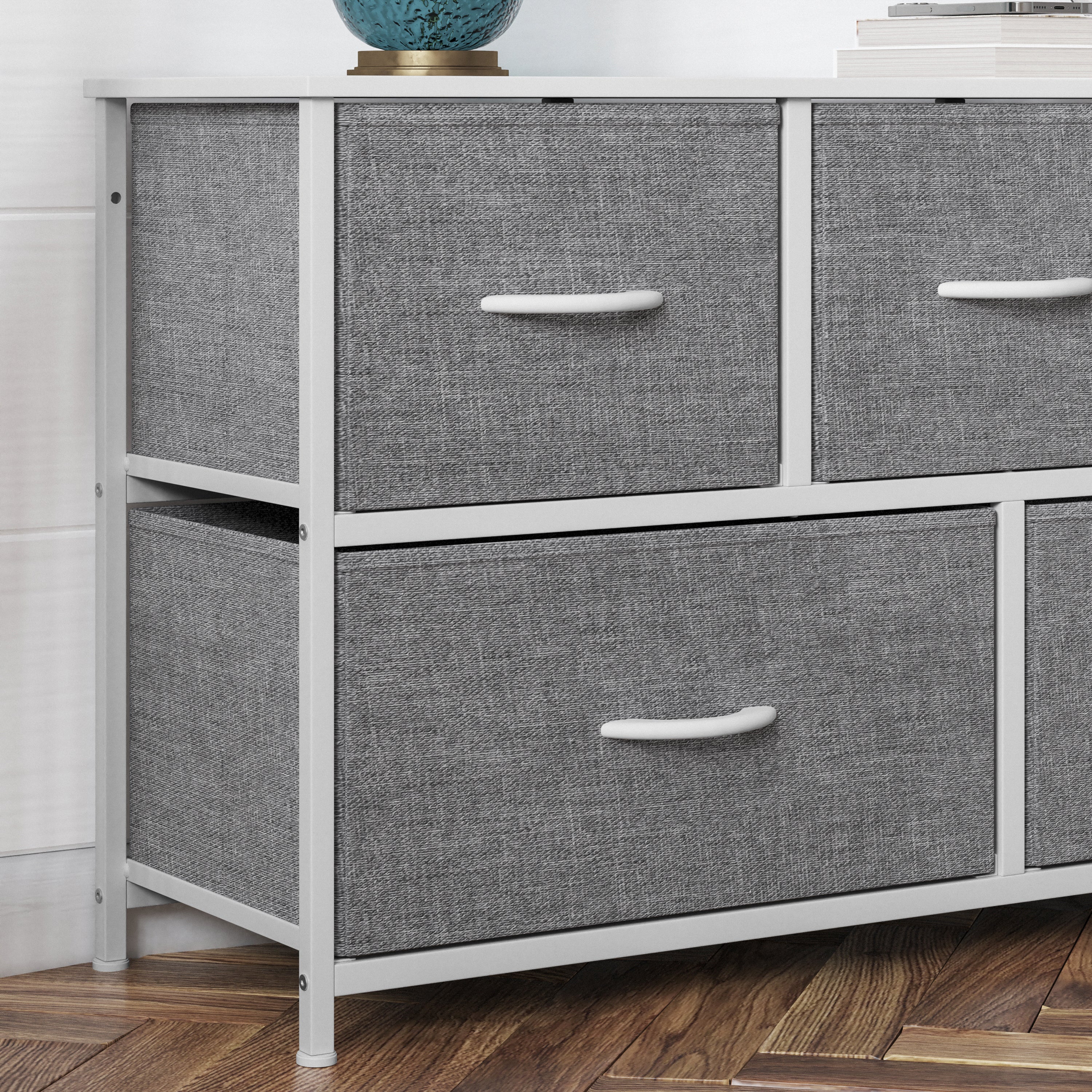 Harris 5 Drawer Vertical Storage Dresser with White Cast Iron Frame, White Wood Top and Gray Easy Pull Fabric Drawers with White Wooden Handles