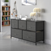Harris 5 Drawer Wood Top Black Cast Iron Frame Vertical Storage Dresser with Dark Gray Easy Pull Fabric Drawers