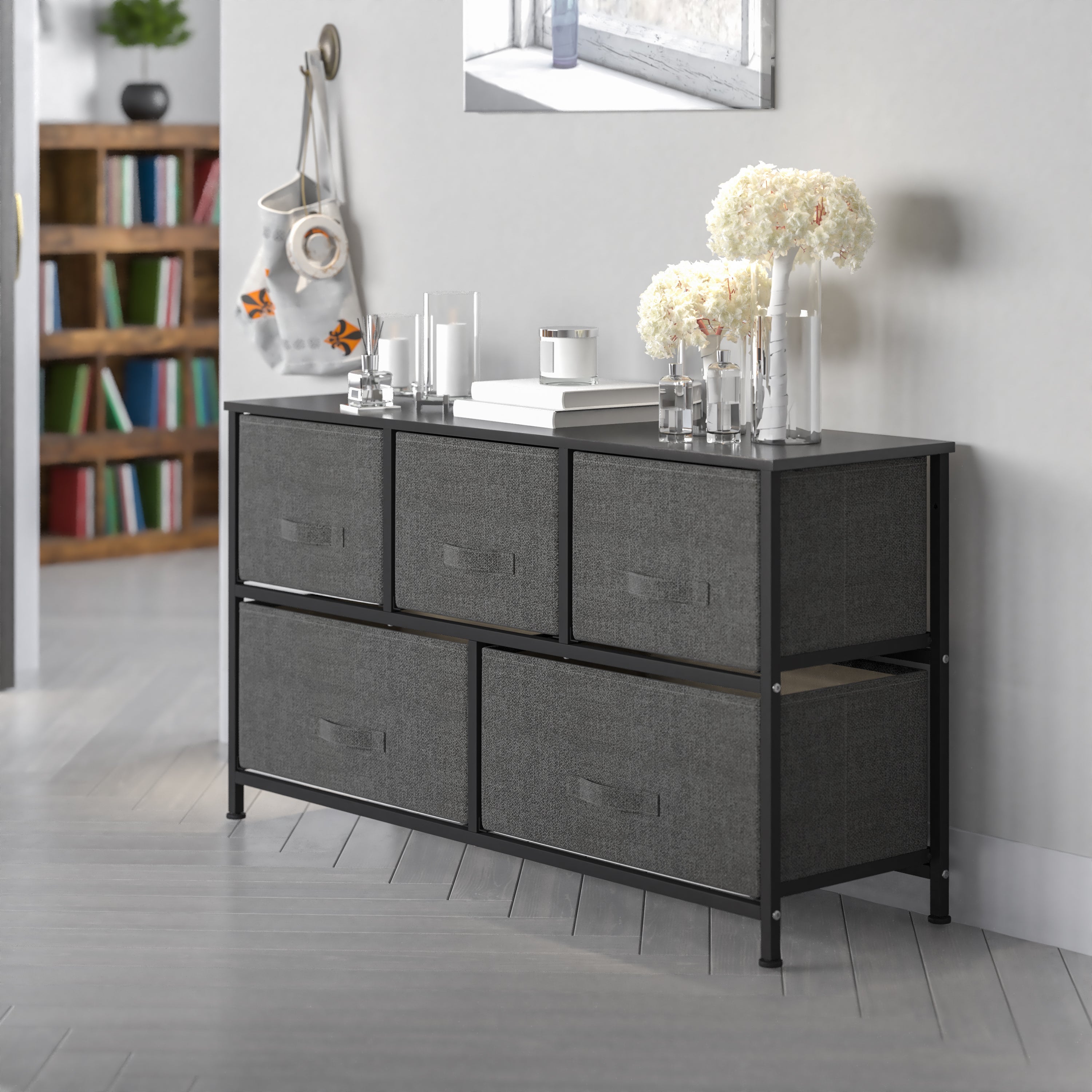 Harris 5 Drawer Wood Top Black Cast Iron Frame Vertical Storage Dresser with Dark Gray Easy Pull Fabric Drawers