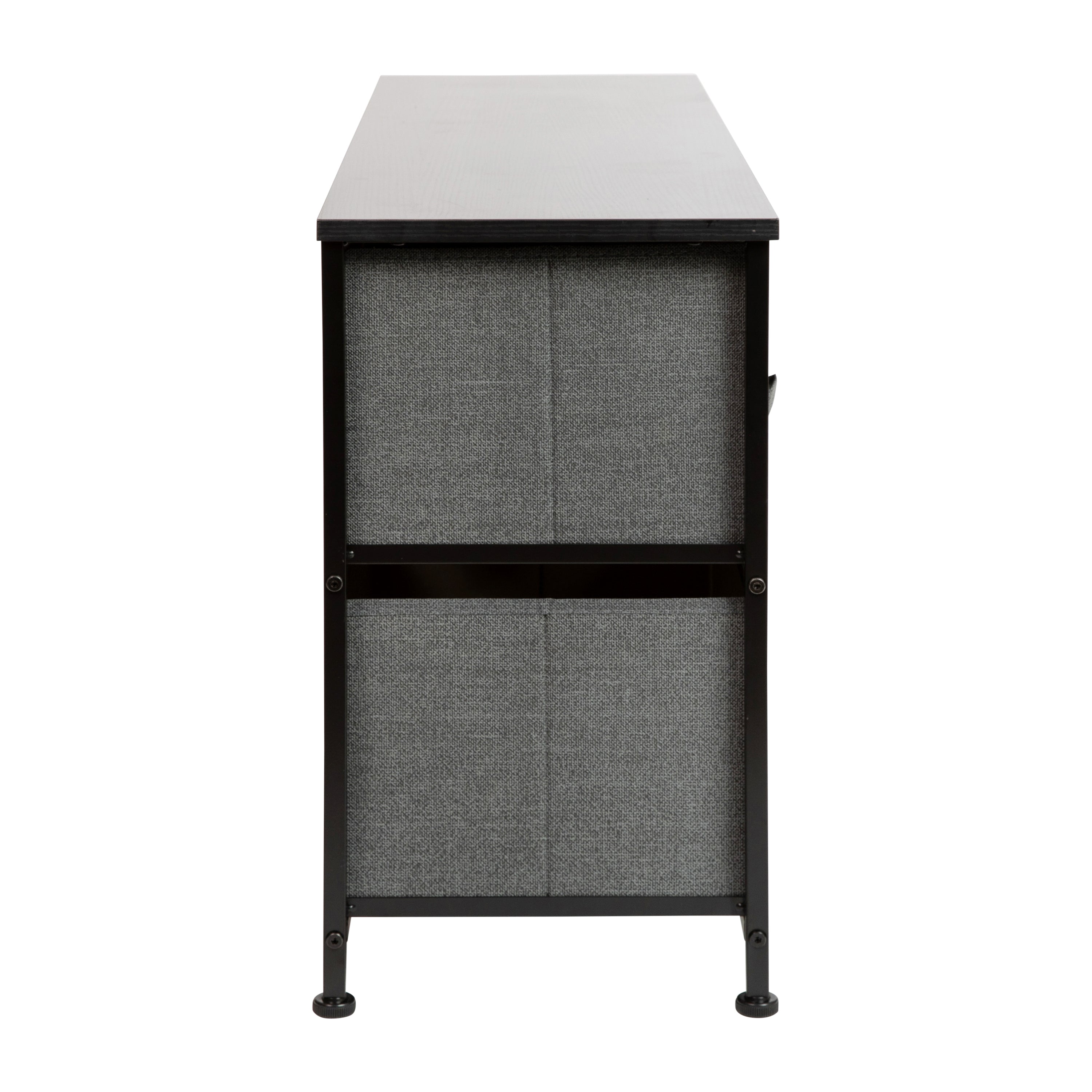Harris 5 Drawer Wood Top Black Cast Iron Frame Vertical Storage Dresser with Dark Gray Easy Pull Fabric Drawers