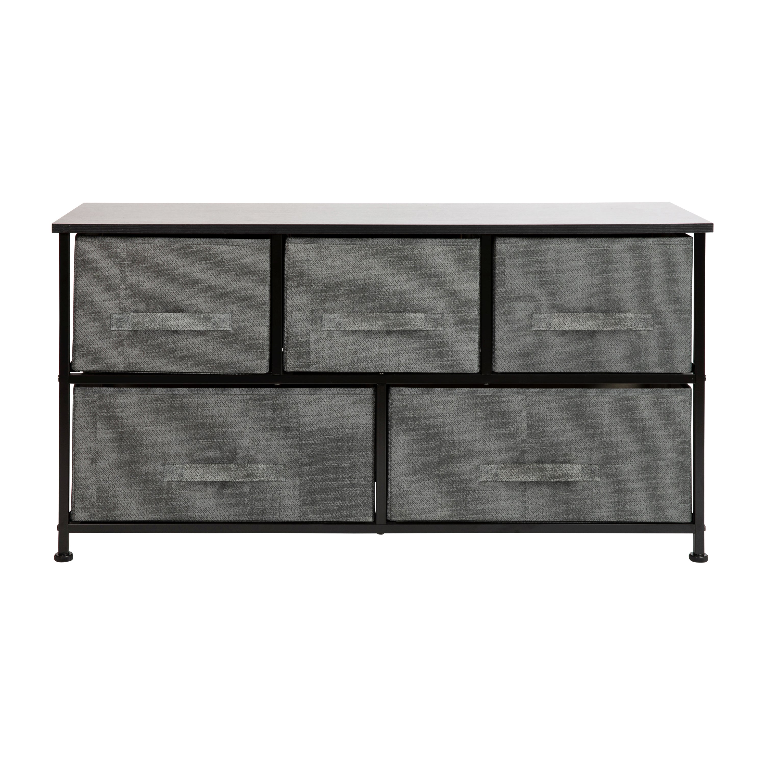 Harris 5 Drawer Wood Top Black Cast Iron Frame Vertical Storage Dresser with Dark Gray Easy Pull Fabric Drawers