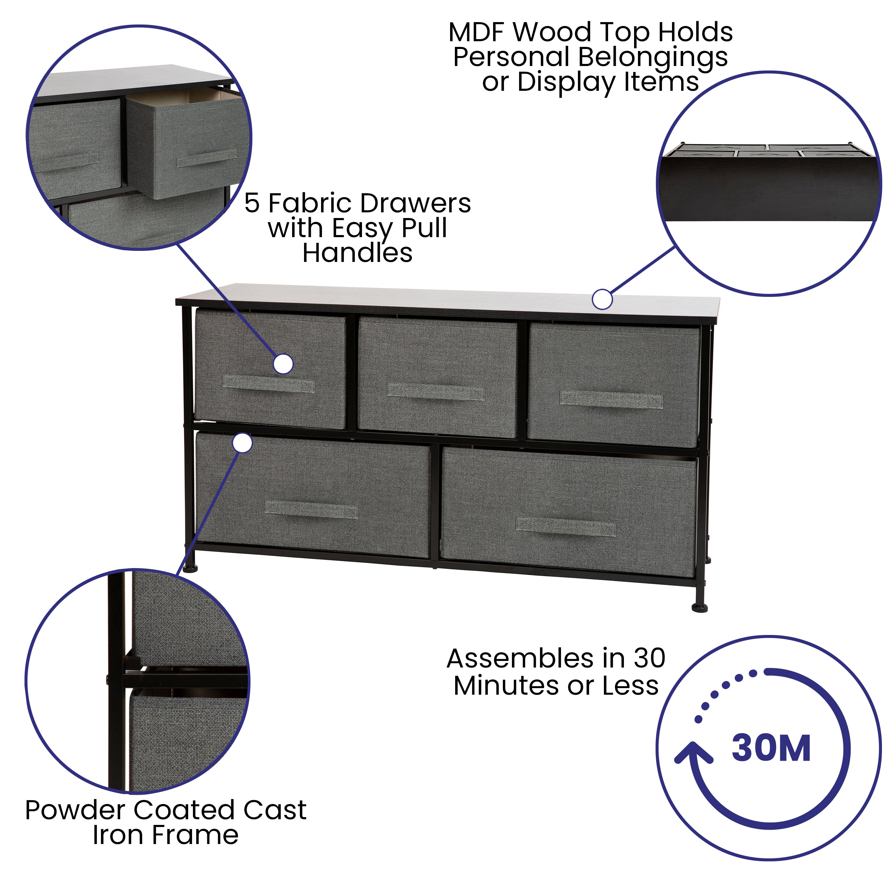 Harris 5 Drawer Wood Top Black Cast Iron Frame Vertical Storage Dresser with Dark Gray Easy Pull Fabric Drawers