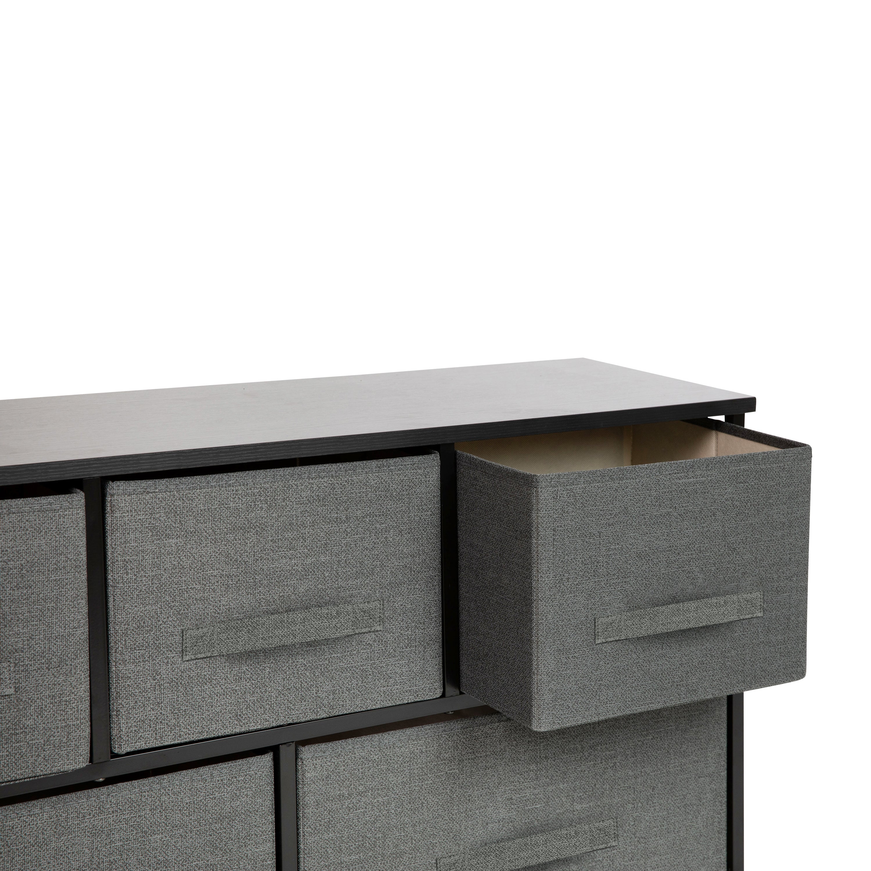 Harris 5 Drawer Wood Top Black Cast Iron Frame Vertical Storage Dresser with Dark Gray Easy Pull Fabric Drawers