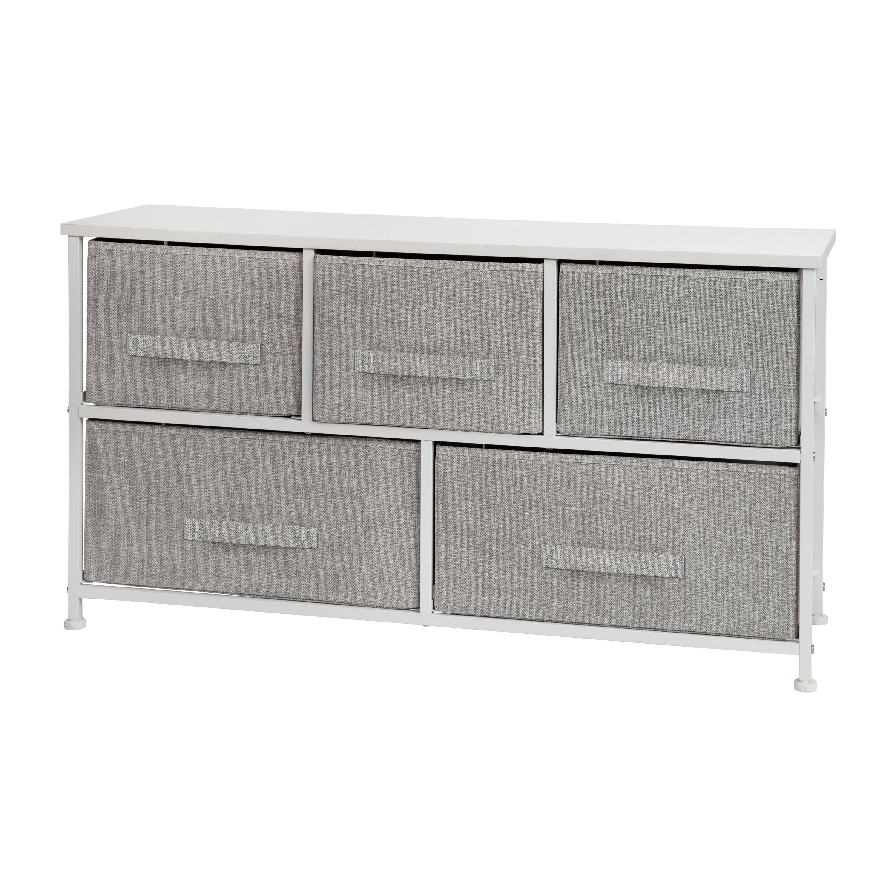 Harris 5 Drawer Wood Top White Cast Iron Frame Vertical Storage Dresser with Light Gray Easy Pull Fabric Drawers