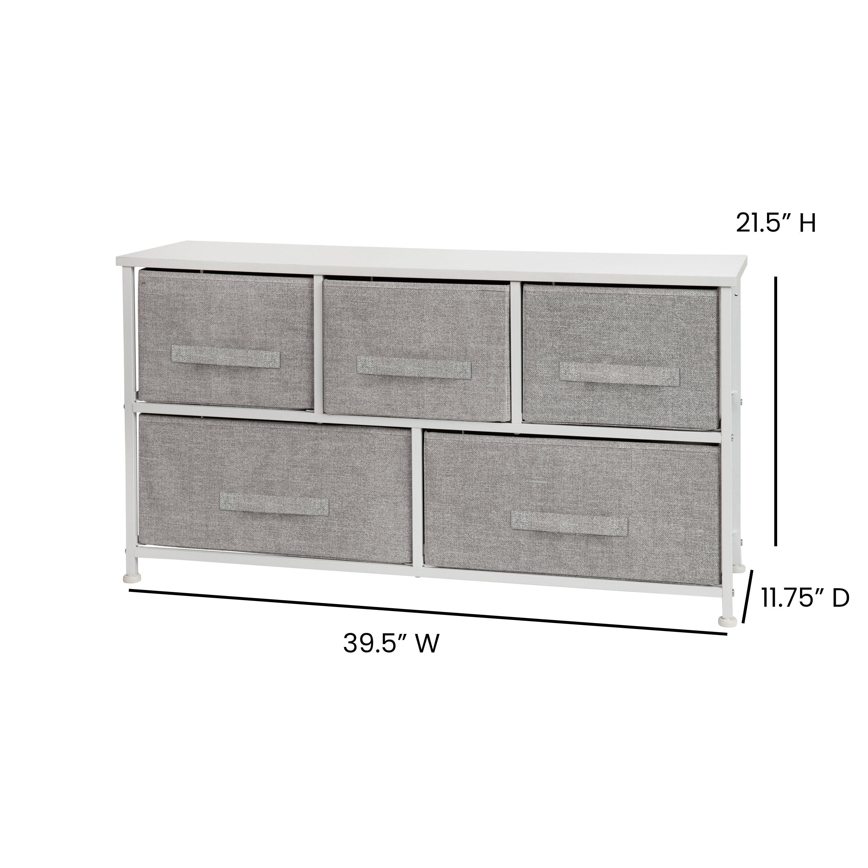 Harris 5 Drawer Wood Top White Cast Iron Frame Vertical Storage Dresser with Light Gray Easy Pull Fabric Drawers