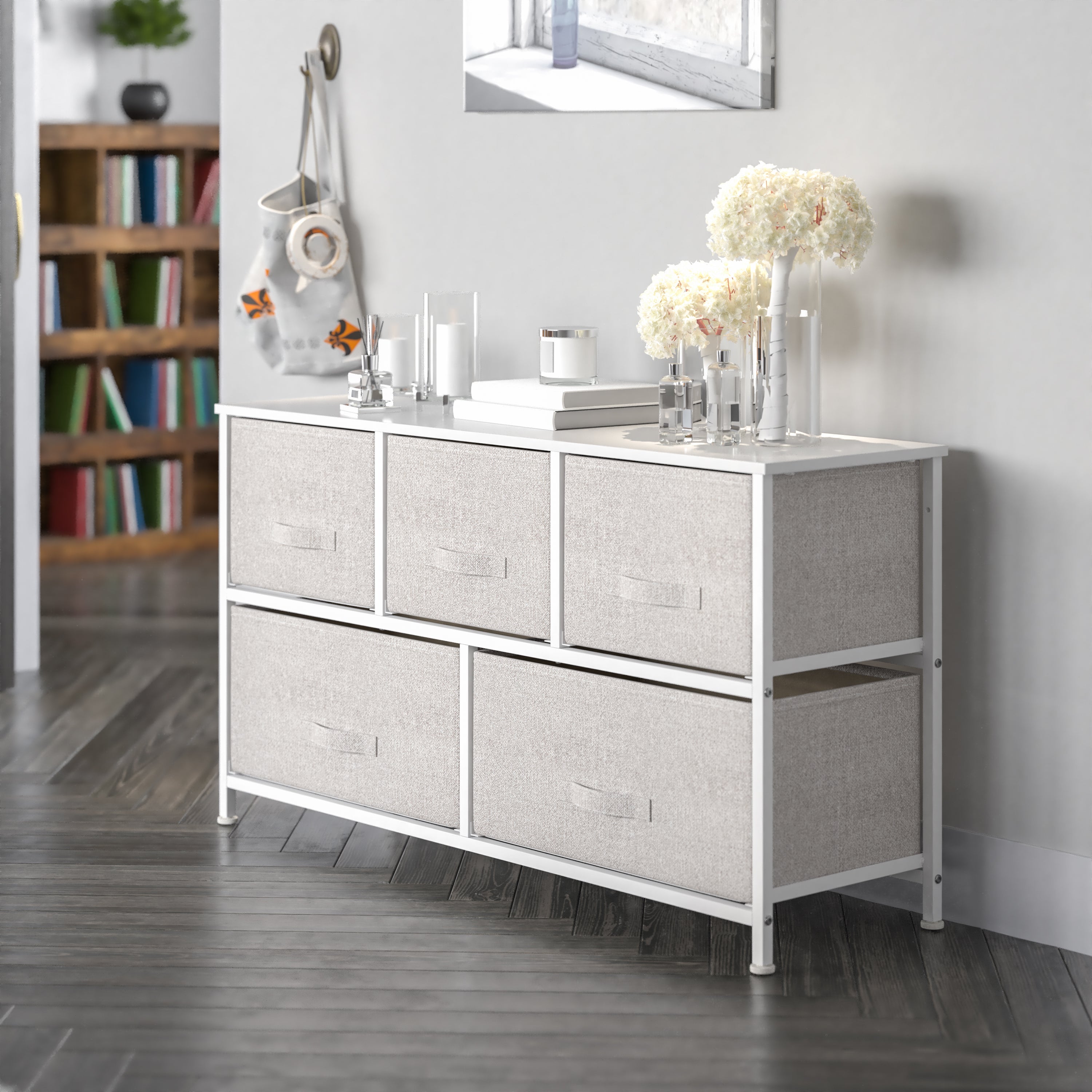Harris 5 Drawer Wood Top White Cast Iron Frame Vertical Storage Dresser with Light Gray Easy Pull Fabric Drawers