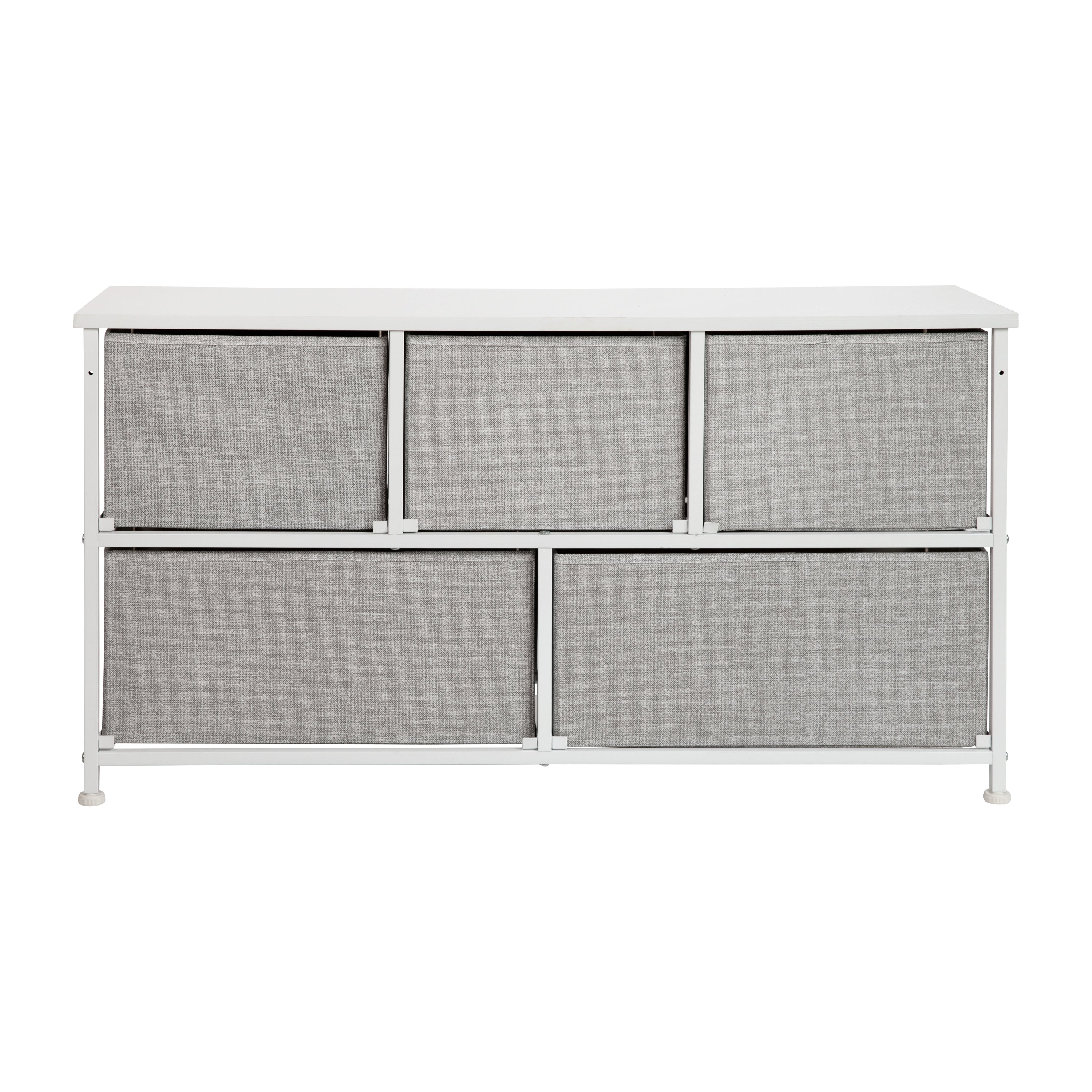 Harris 5 Drawer Wood Top White Cast Iron Frame Vertical Storage Dresser with Light Gray Easy Pull Fabric Drawers