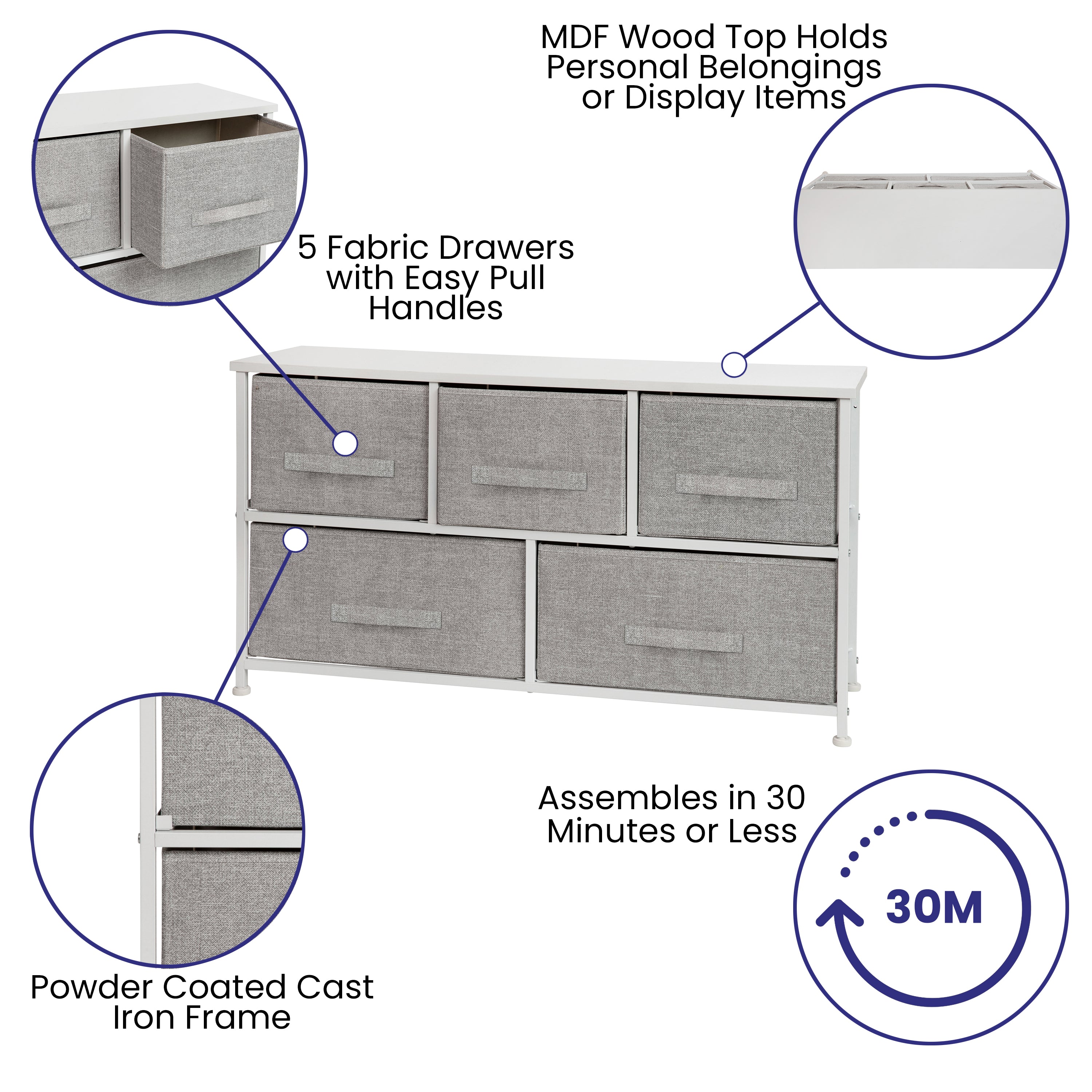 Harris 5 Drawer Wood Top White Cast Iron Frame Vertical Storage Dresser with Light Gray Easy Pull Fabric Drawers
