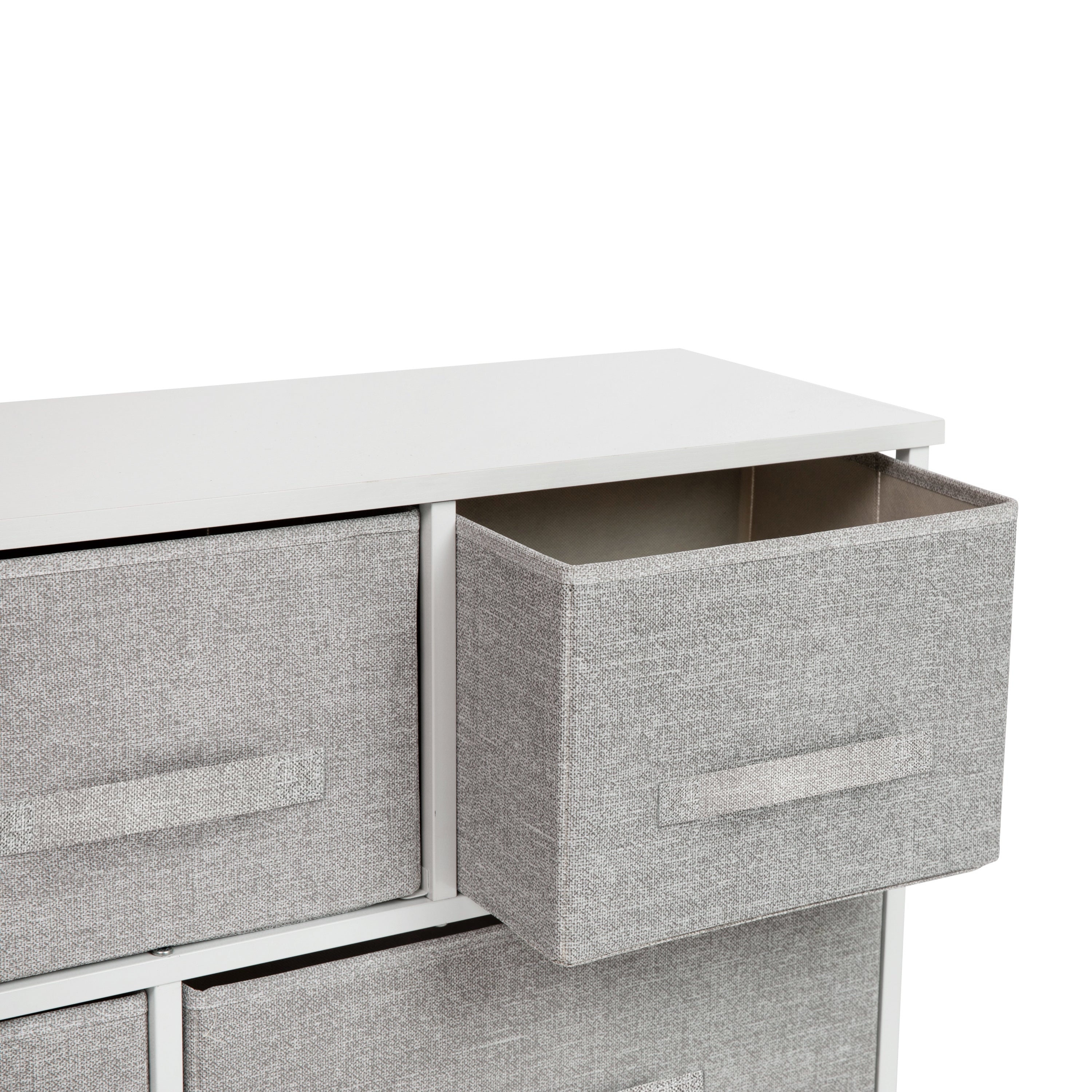 Harris 5 Drawer Wood Top White Cast Iron Frame Vertical Storage Dresser with Light Gray Easy Pull Fabric Drawers