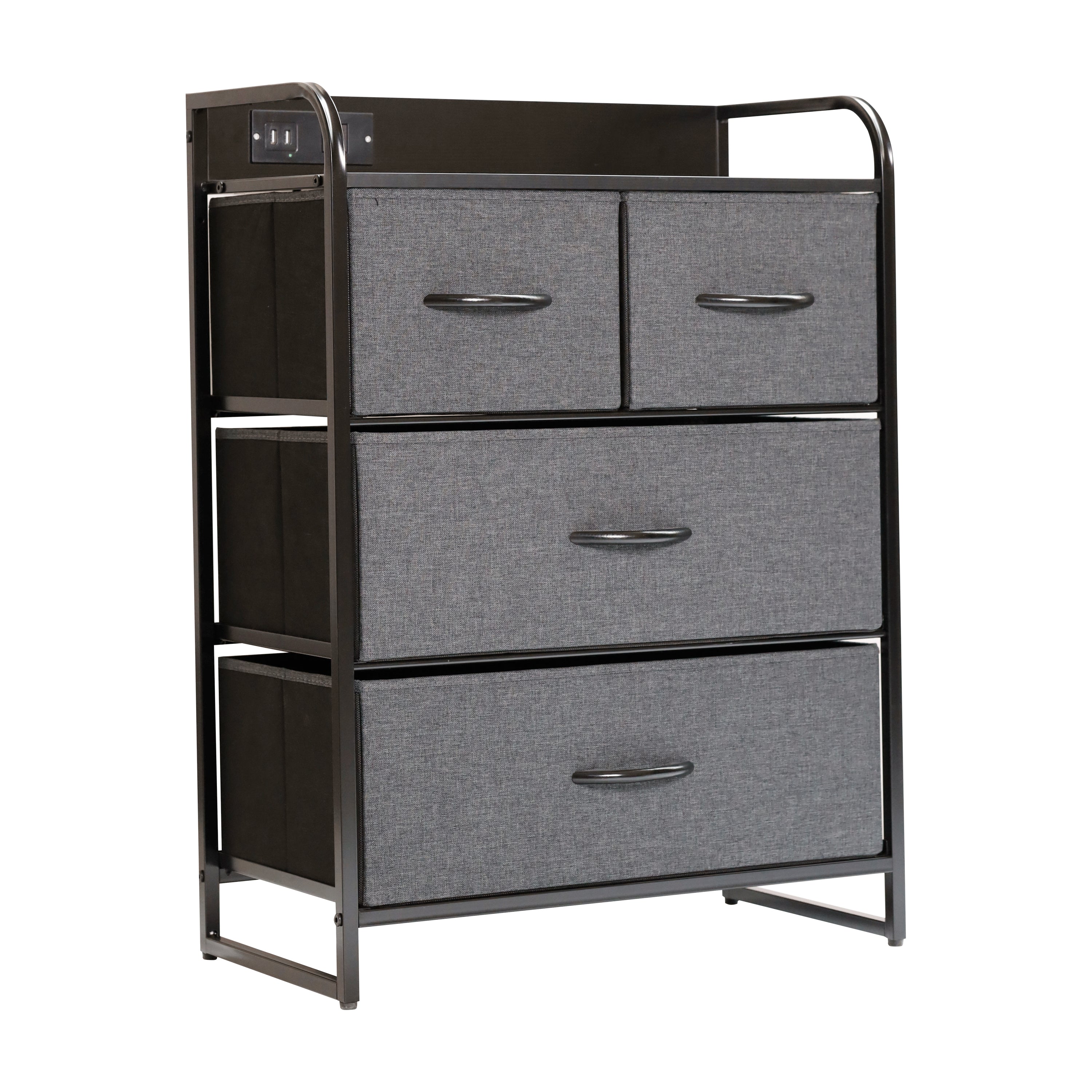 Sodano 4 Drawer Nightstand with Charging Station, 2 USB Ports, 1 Outlet, Black Metal Frame, Black Engineered Wood Top, Charcoal Drawers, Black Handles