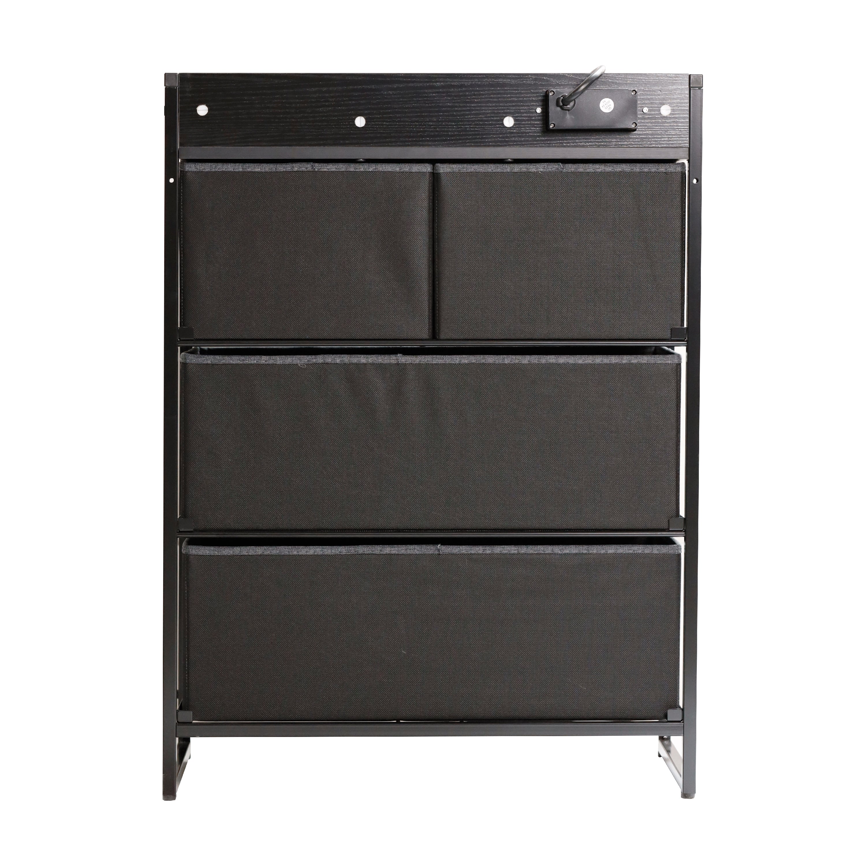 Sodano 4 Drawer Nightstand with Charging Station, 2 USB Ports, 1 Outlet, Black Metal Frame, Black Engineered Wood Top, Charcoal Drawers, Black Handles