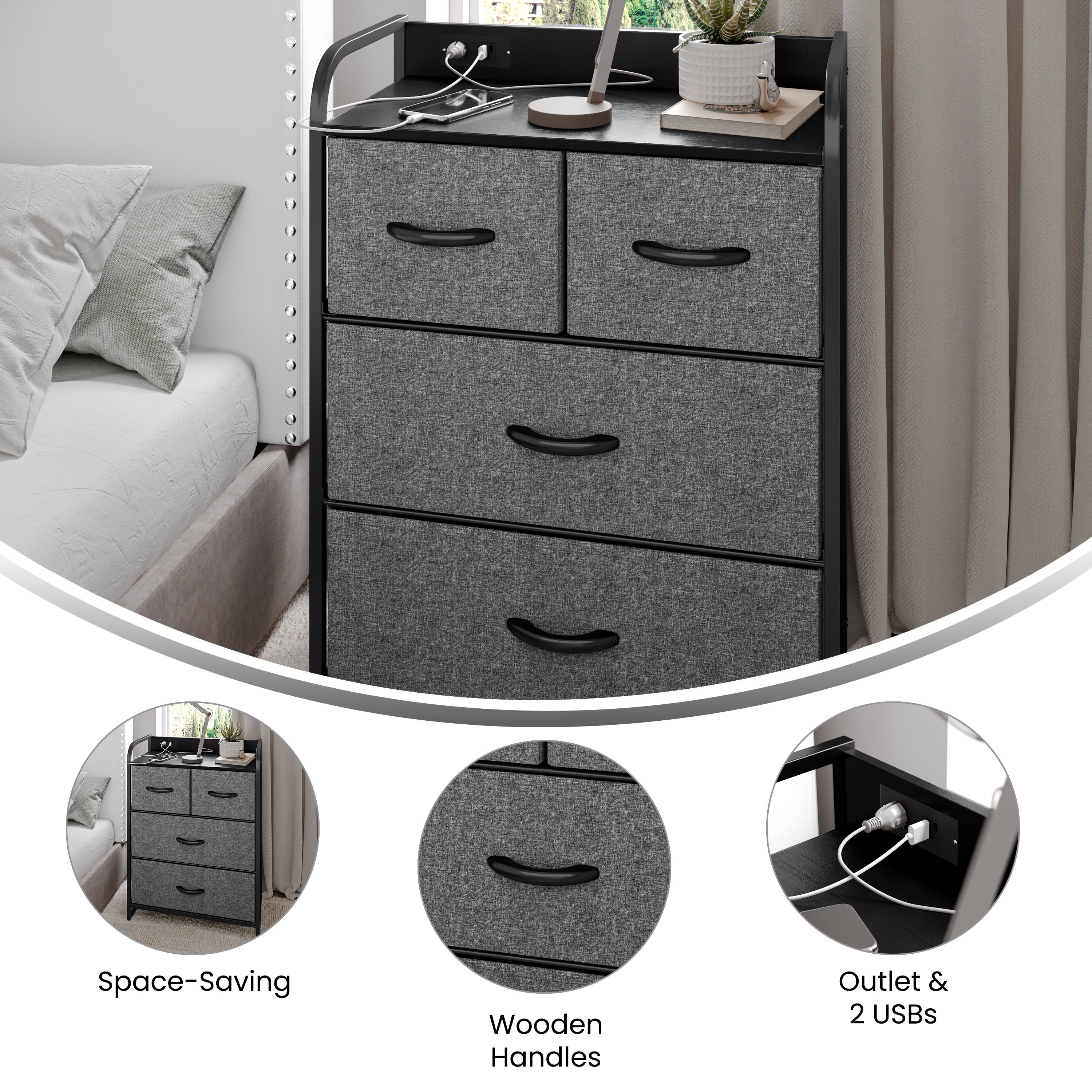 Sodano 4 Drawer Nightstand with Charging Station, 2 USB Ports, 1 Outlet, Black Metal Frame, Black Engineered Wood Top, Charcoal Drawers, Black Handles
