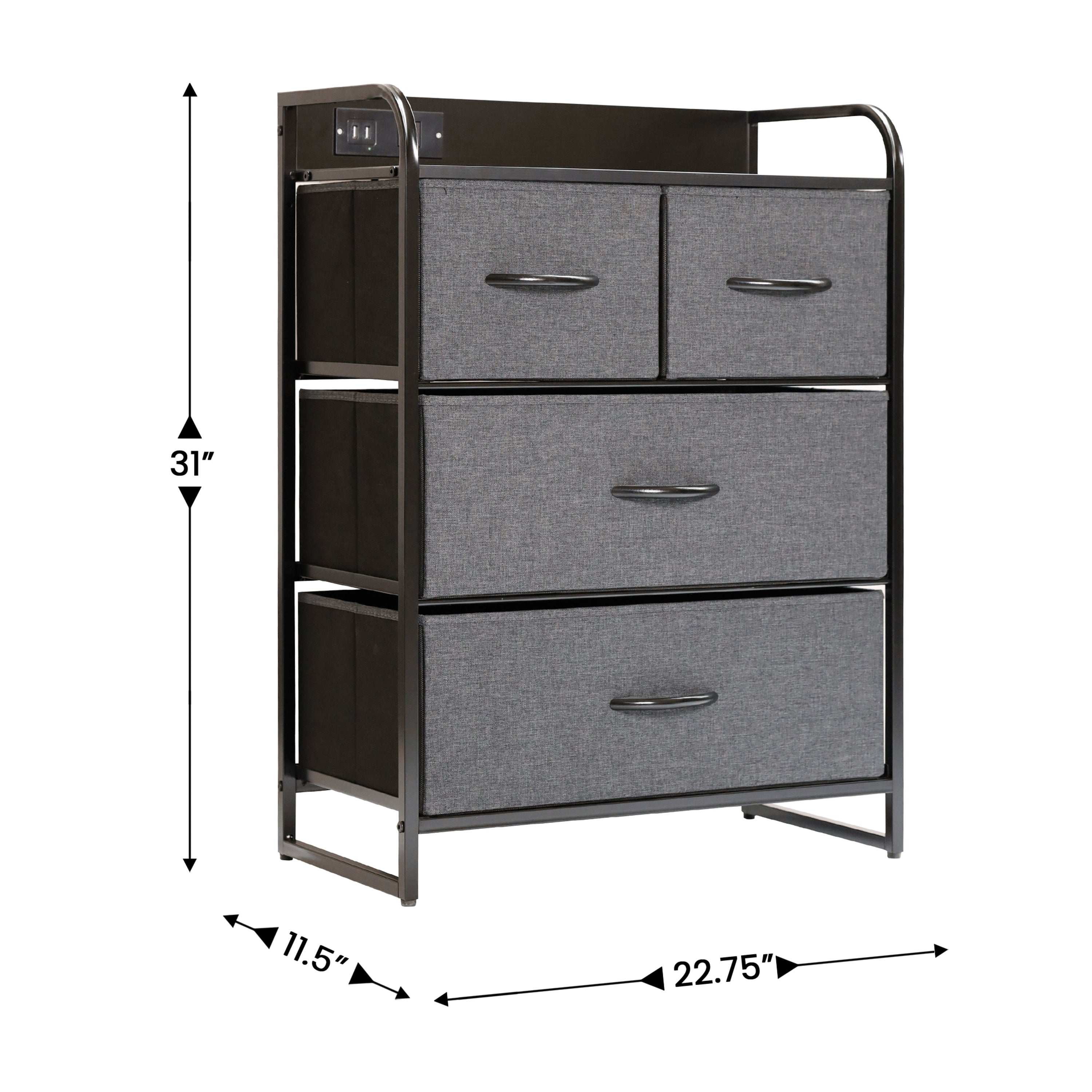 Sodano 4 Drawer Nightstand with Charging Station, 2 USB Ports, 1 Outlet, Black Metal Frame, Black Engineered Wood Top, Charcoal Drawers, Black Handles