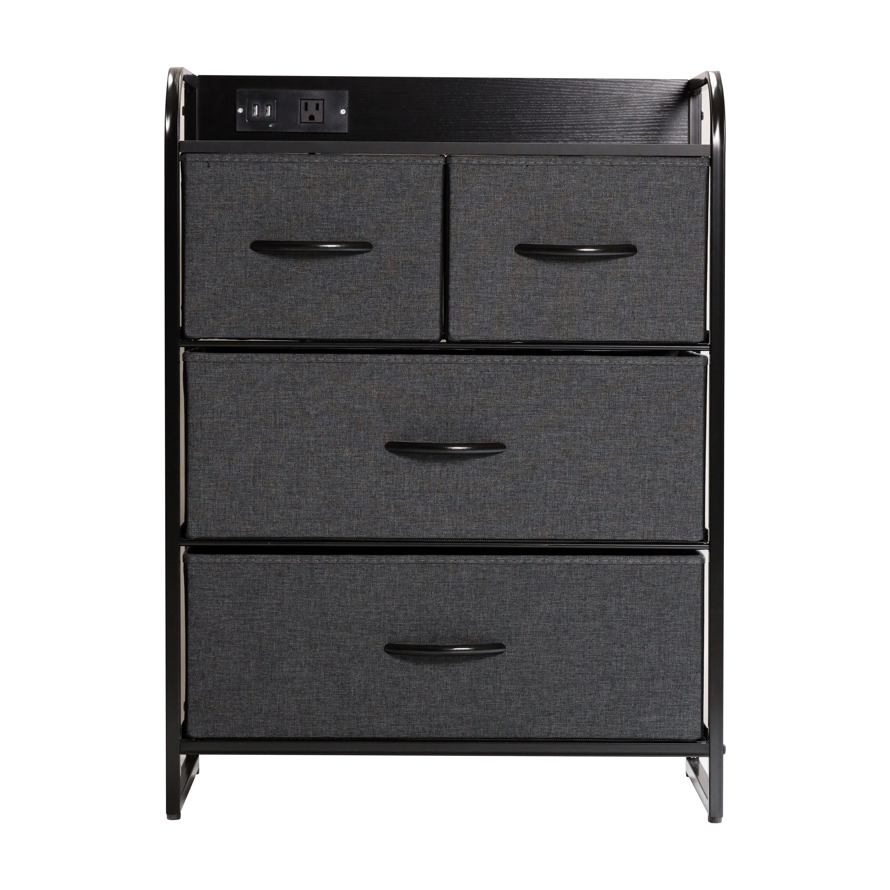 Sodano 4 Drawer Nightstand with Charging Station, 2 USB Ports, 1 Outlet, Black Metal Frame, Black Engineered Wood Top, Charcoal Drawers, Black Handles