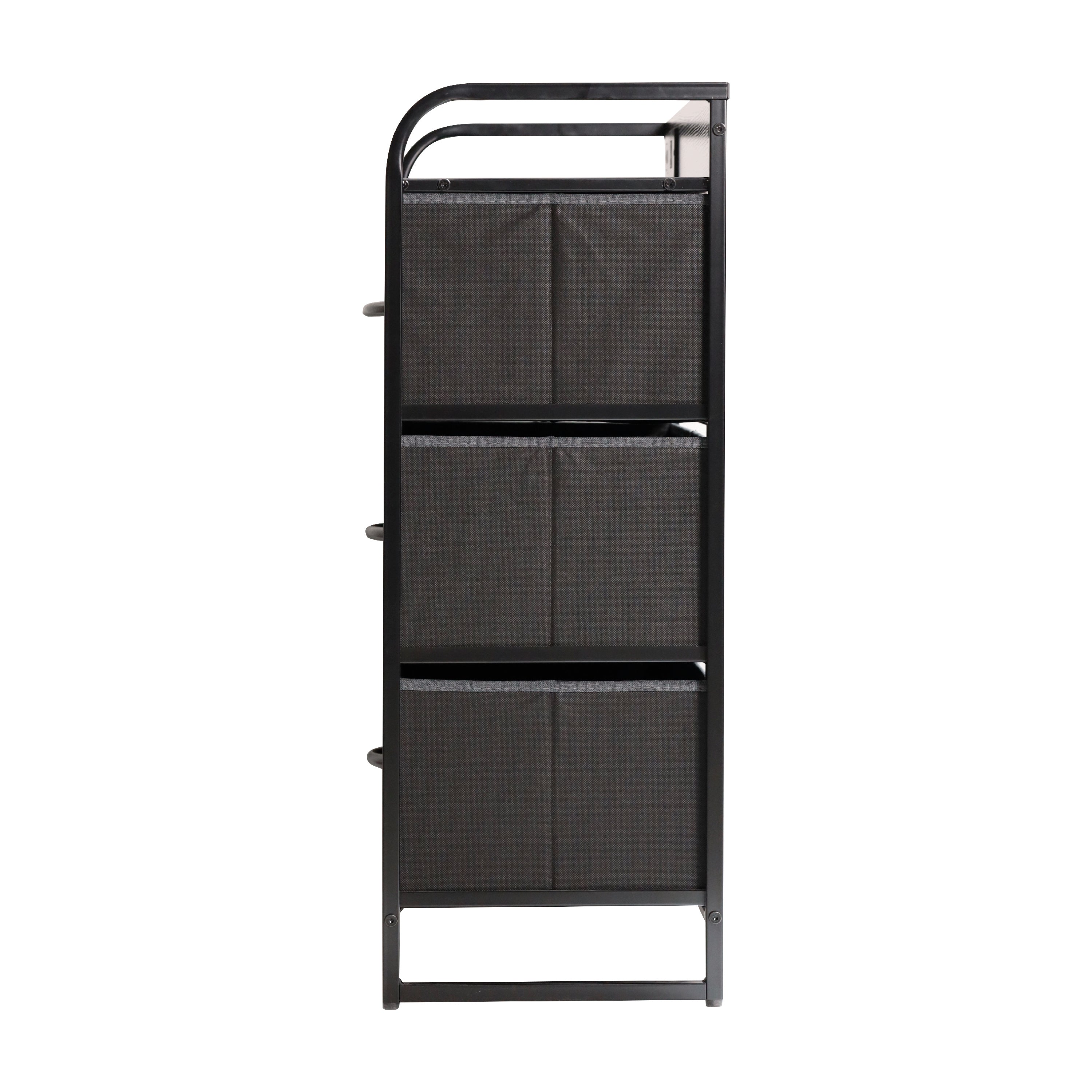 Sodano 4 Drawer Nightstand with Charging Station, 2 USB Ports, 1 Outlet, Black Metal Frame, Black Engineered Wood Top, Charcoal Drawers, Black Handles