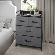 Sodano 4 Drawer Nightstand with Charging Station, 2 USB Ports, 1 Outlet, Black Metal Frame, Black Engineered Wood Top, Charcoal Drawers, Black Handles