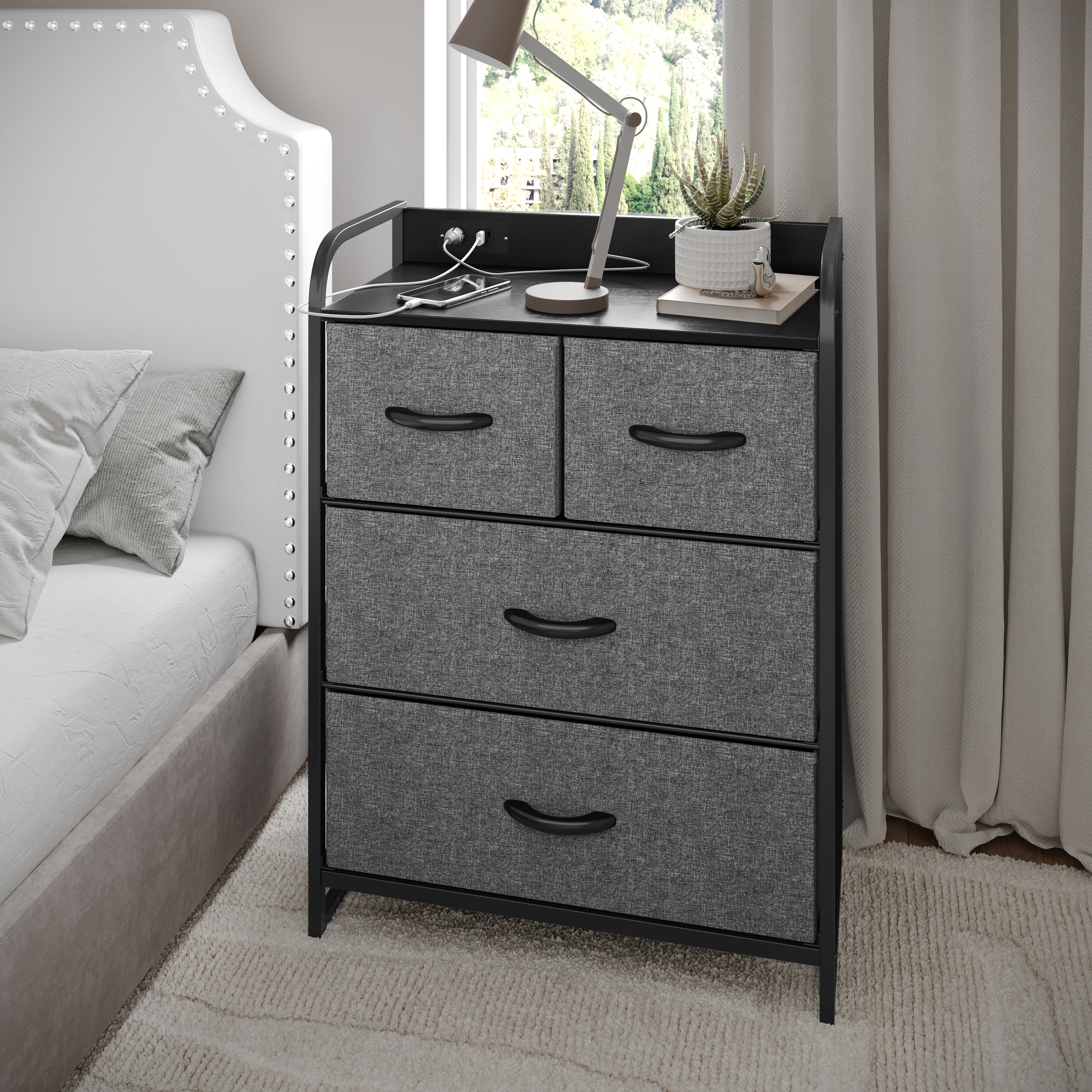 Sodano 4 Drawer Nightstand with Charging Station, 2 USB Ports, 1 Outlet, Black Metal Frame, Black Engineered Wood Top, Charcoal Drawers, Black Handles