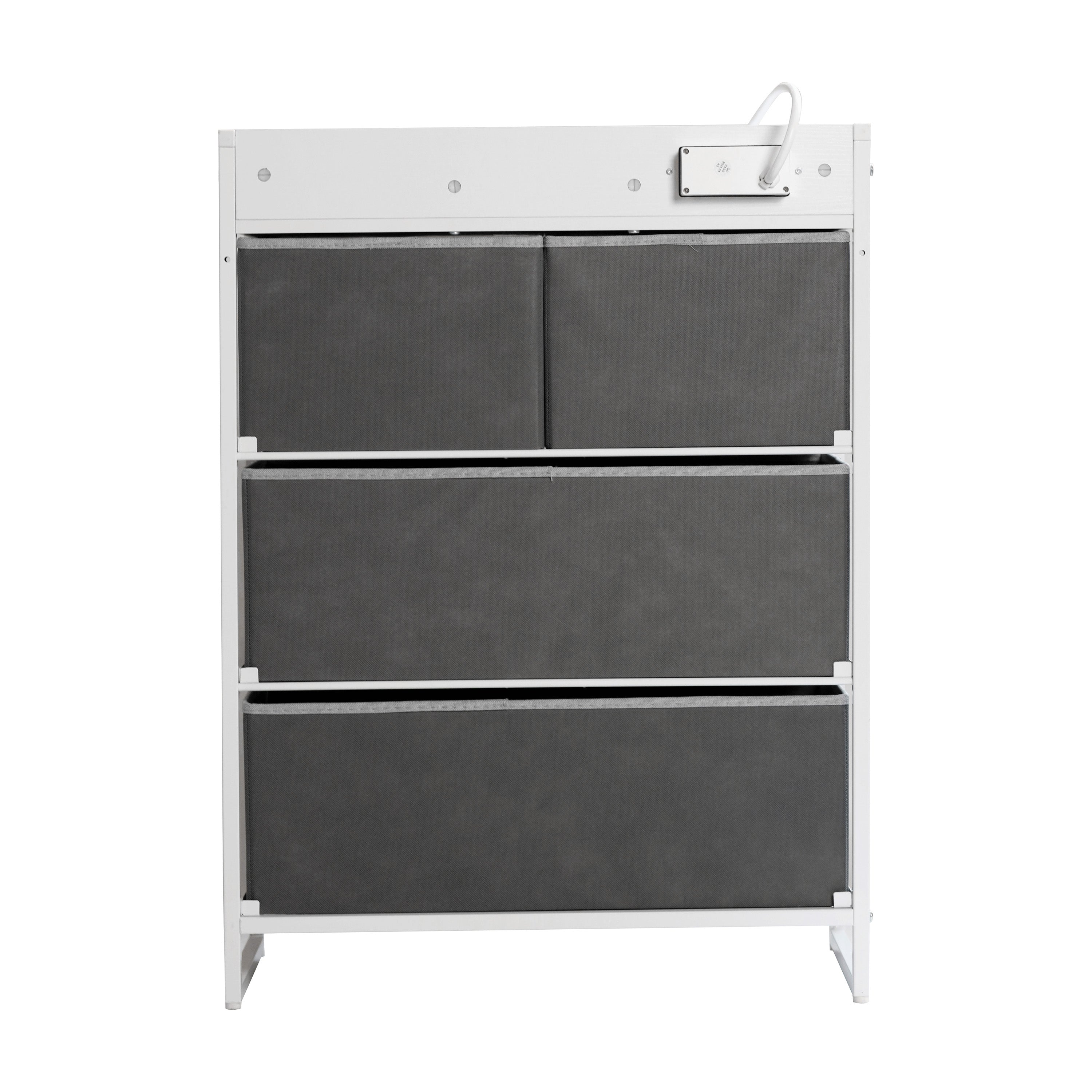 Sodano 4 Drawer Nightstand with Charging Station, 2 USB Ports, 1 Outlet, White Metal Frame, White Engineered Wood Top, Gray Drawers, White Handles