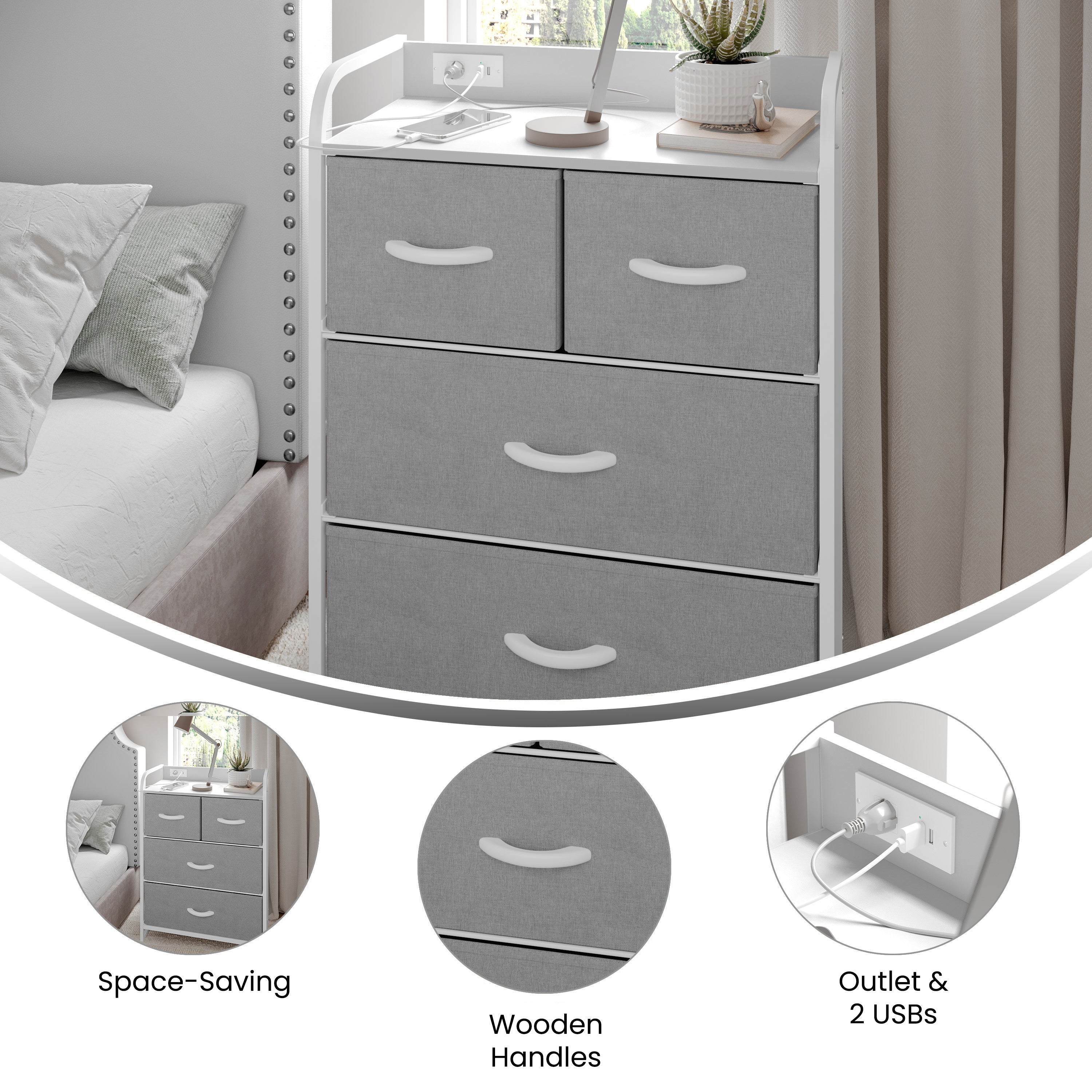 Sodano 4 Drawer Nightstand with Charging Station, 2 USB Ports, 1 Outlet, White Metal Frame, White Engineered Wood Top, Gray Drawers, White Handles