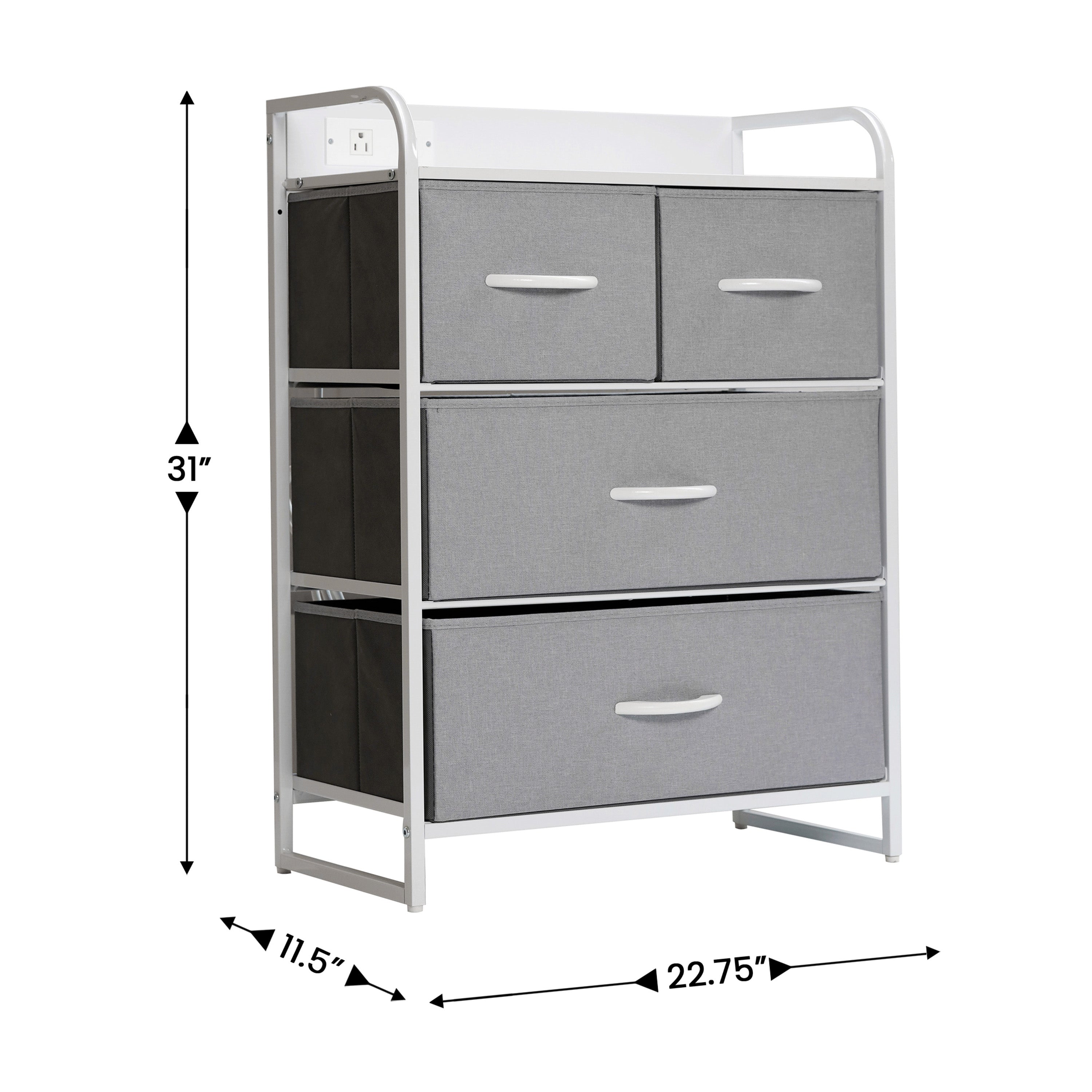 Sodano 4 Drawer Nightstand with Charging Station, 2 USB Ports, 1 Outlet, White Metal Frame, White Engineered Wood Top, Gray Drawers, White Handles