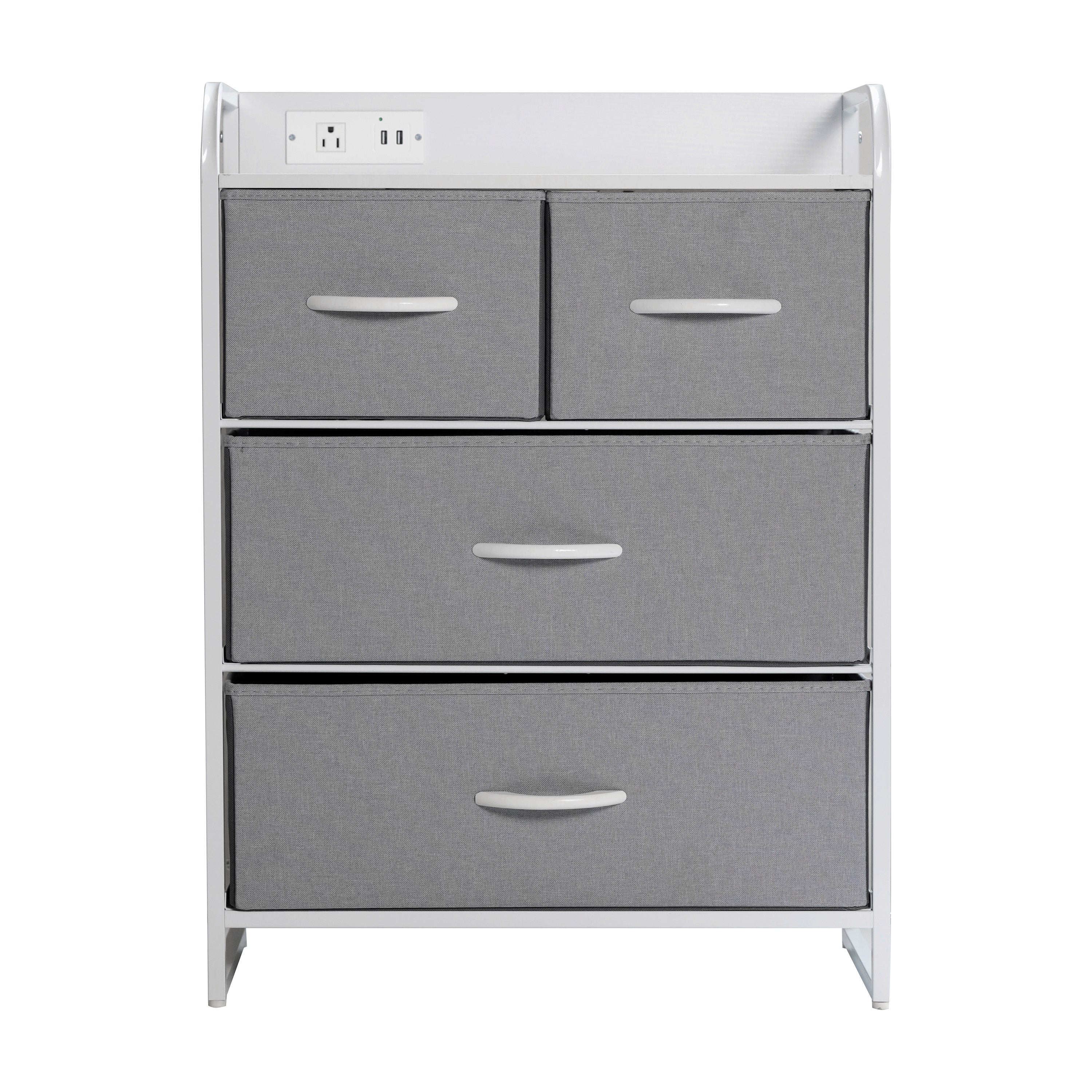 Sodano 4 Drawer Nightstand with Charging Station, 2 USB Ports, 1 Outlet, White Metal Frame, White Engineered Wood Top, Gray Drawers, White Handles