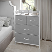 Sodano 4 Drawer Nightstand with Charging Station, 2 USB Ports, 1 Outlet, White Metal Frame, White Engineered Wood Top, Gray Drawers, White Handles