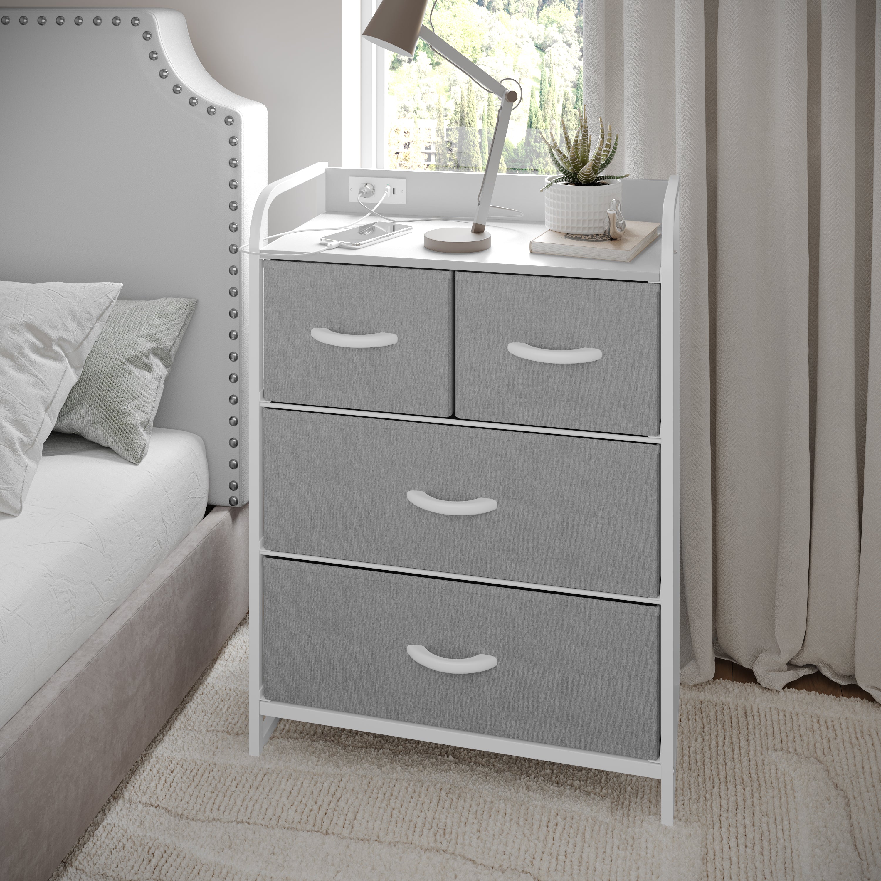 Sodano 4 Drawer Nightstand with Charging Station, 2 USB Ports, 1 Outlet, White Metal Frame, White Engineered Wood Top, Gray Drawers, White Handles