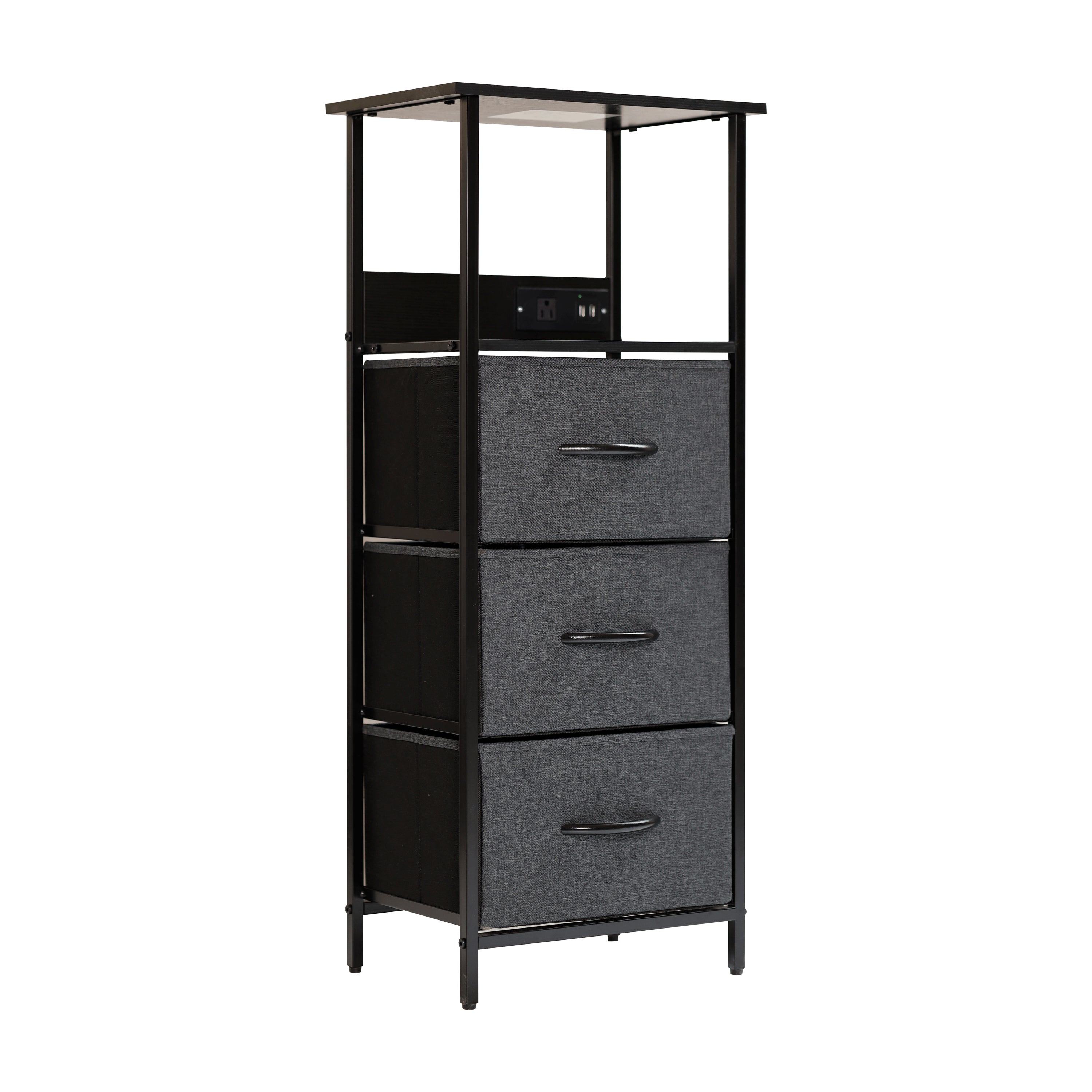 Sodano 3 Drawer Nightstand with Charging Station, 2 USB Ports, 1 Outlet, Black Metal Frame, Black Engineered Wood Top, Charcoal Drawers, Black Handles