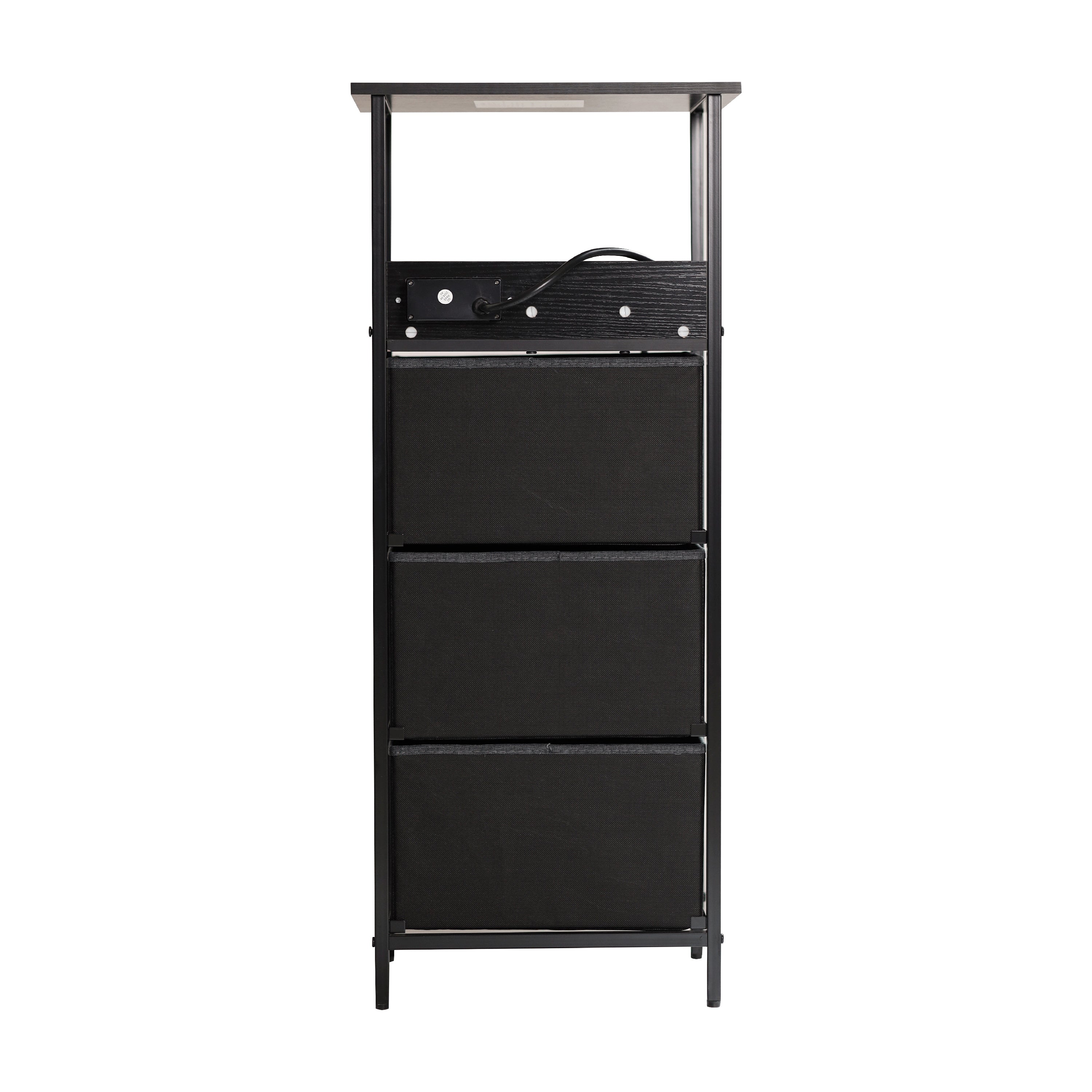 Sodano 3 Drawer Nightstand with Charging Station, 2 USB Ports, 1 Outlet, Black Metal Frame, Black Engineered Wood Top, Charcoal Drawers, Black Handles