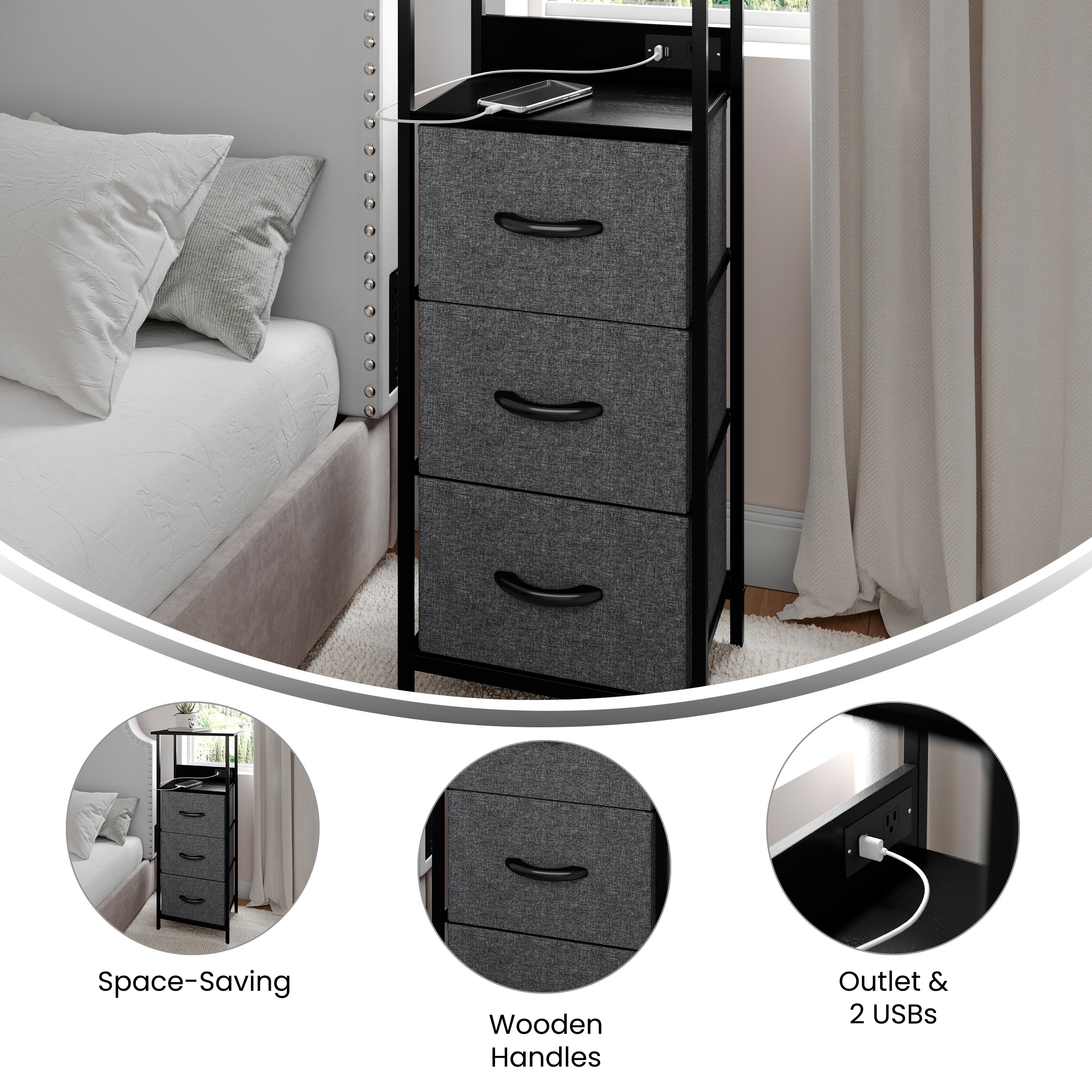 Sodano 3 Drawer Nightstand with Charging Station, 2 USB Ports, 1 Outlet, Black Metal Frame, Black Engineered Wood Top, Charcoal Drawers, Black Handles