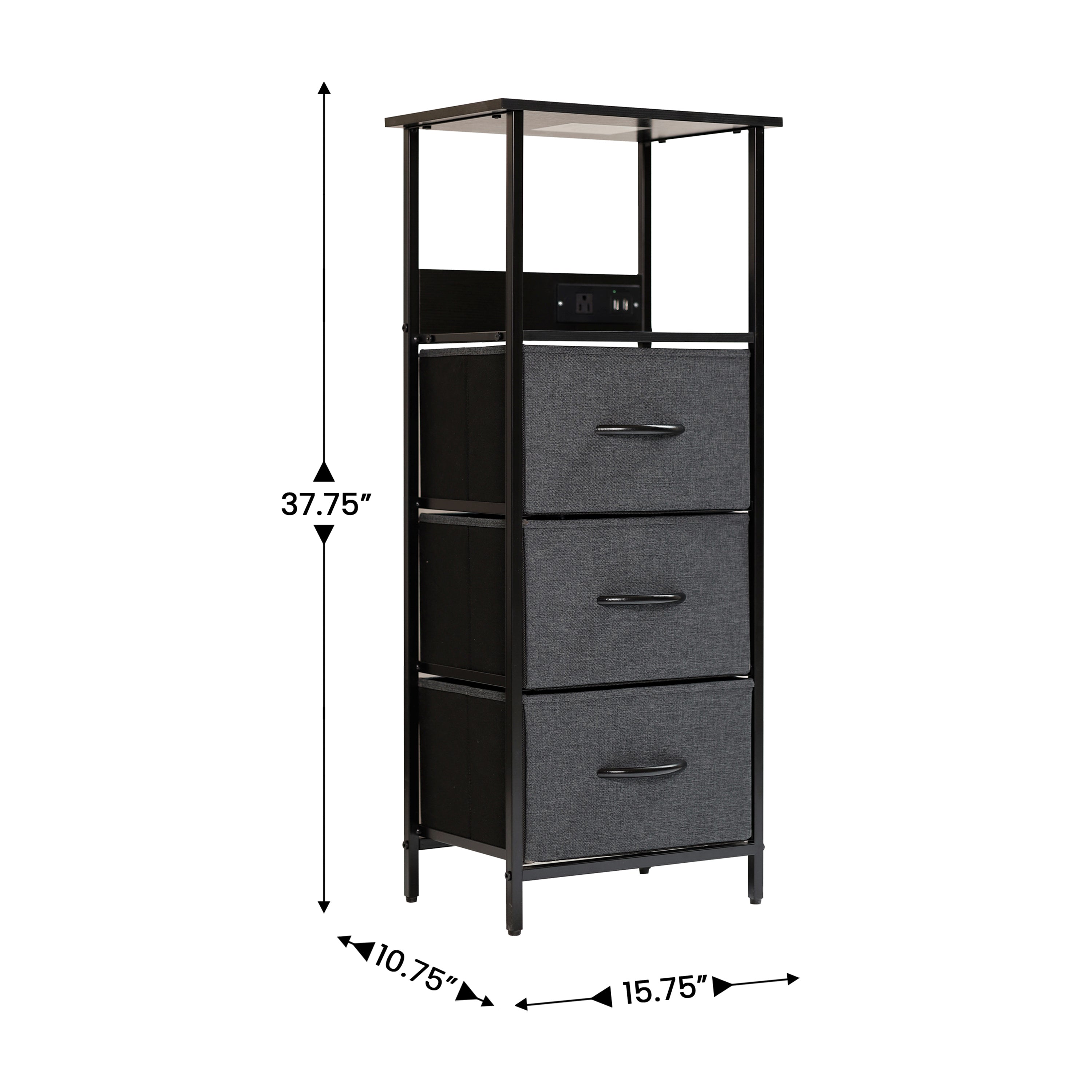 Sodano 3 Drawer Nightstand with Charging Station, 2 USB Ports, 1 Outlet, Black Metal Frame, Black Engineered Wood Top, Charcoal Drawers, Black Handles