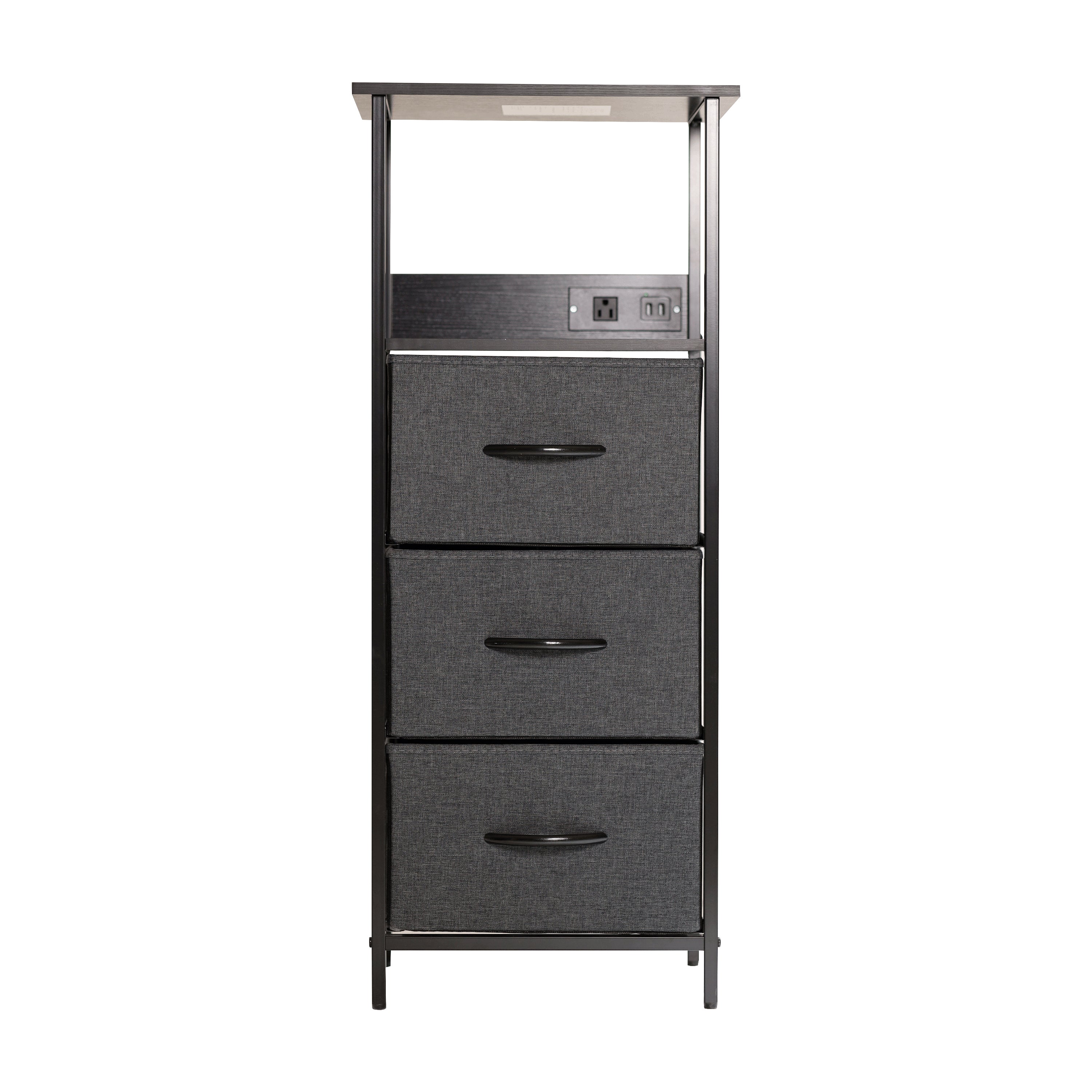 Sodano 3 Drawer Nightstand with Charging Station, 2 USB Ports, 1 Outlet, Black Metal Frame, Black Engineered Wood Top, Charcoal Drawers, Black Handles